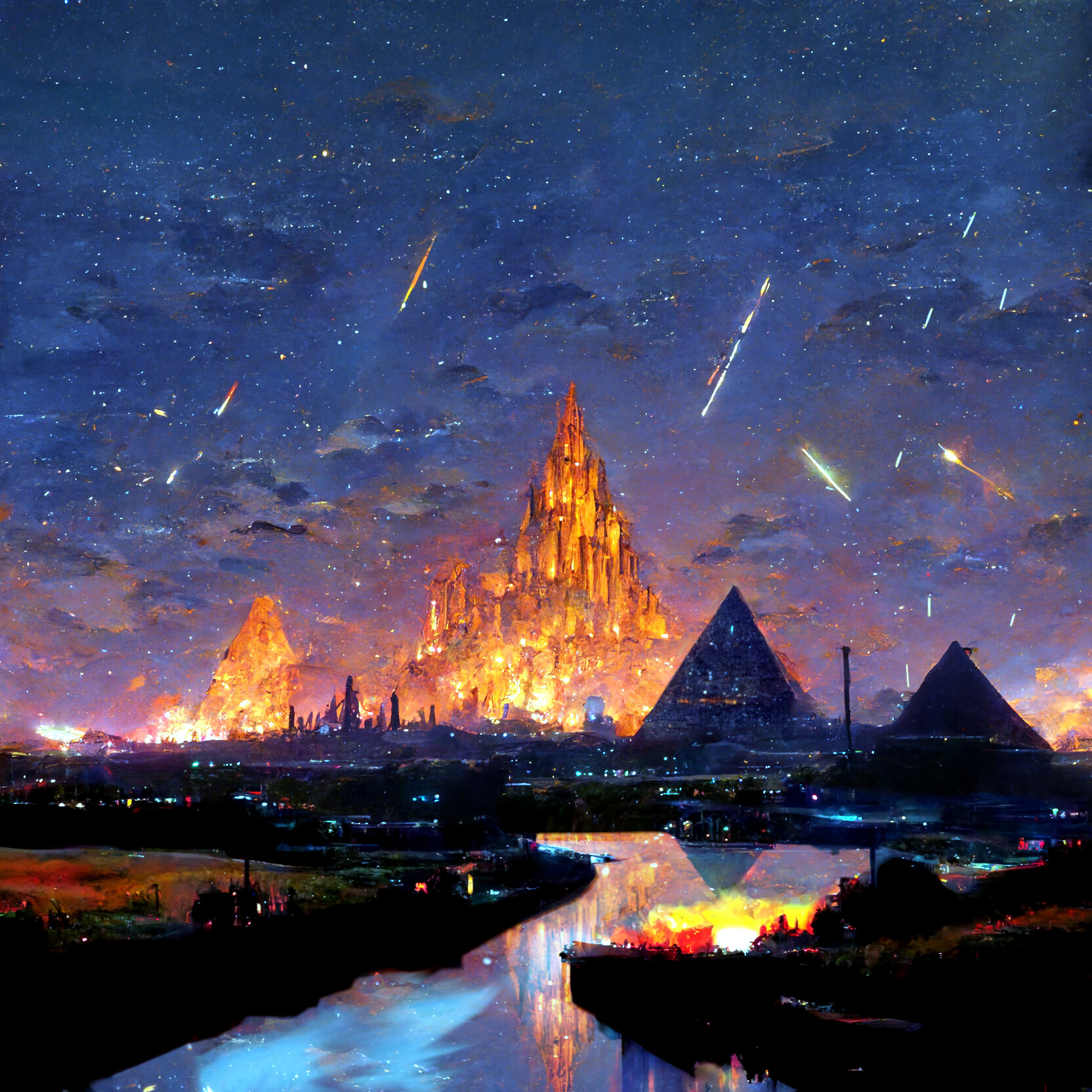 General 1664x1664 science fiction city Prospero bullet tracer shots fire water pyramid fantasy art AI art