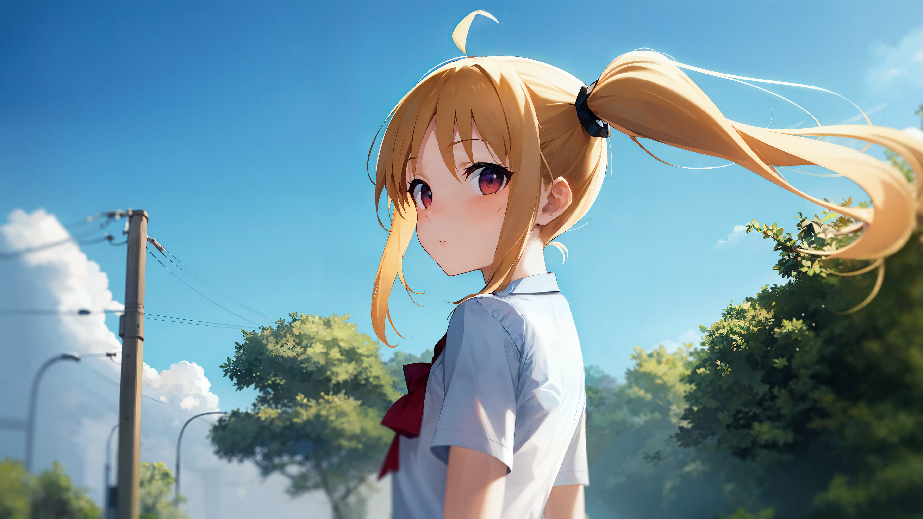 Anime 3840x2160 anime girls AI art Nijika Ijichi anime ponytail looking at viewer clouds trees schoolgirl school uniform looking back ahoge