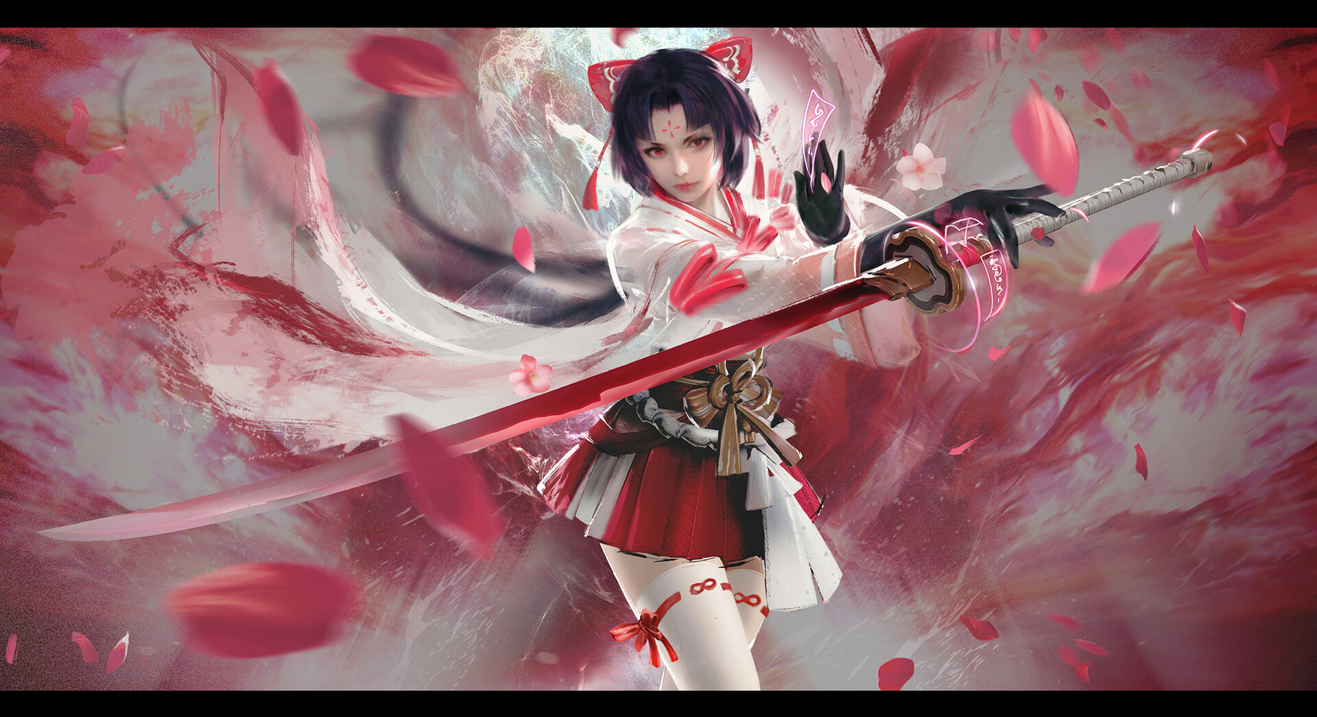 General 1920x1045 Su Mo drawing women blue hair petals red pink katana skirt ribbon weapon sword gloves Onmyoji