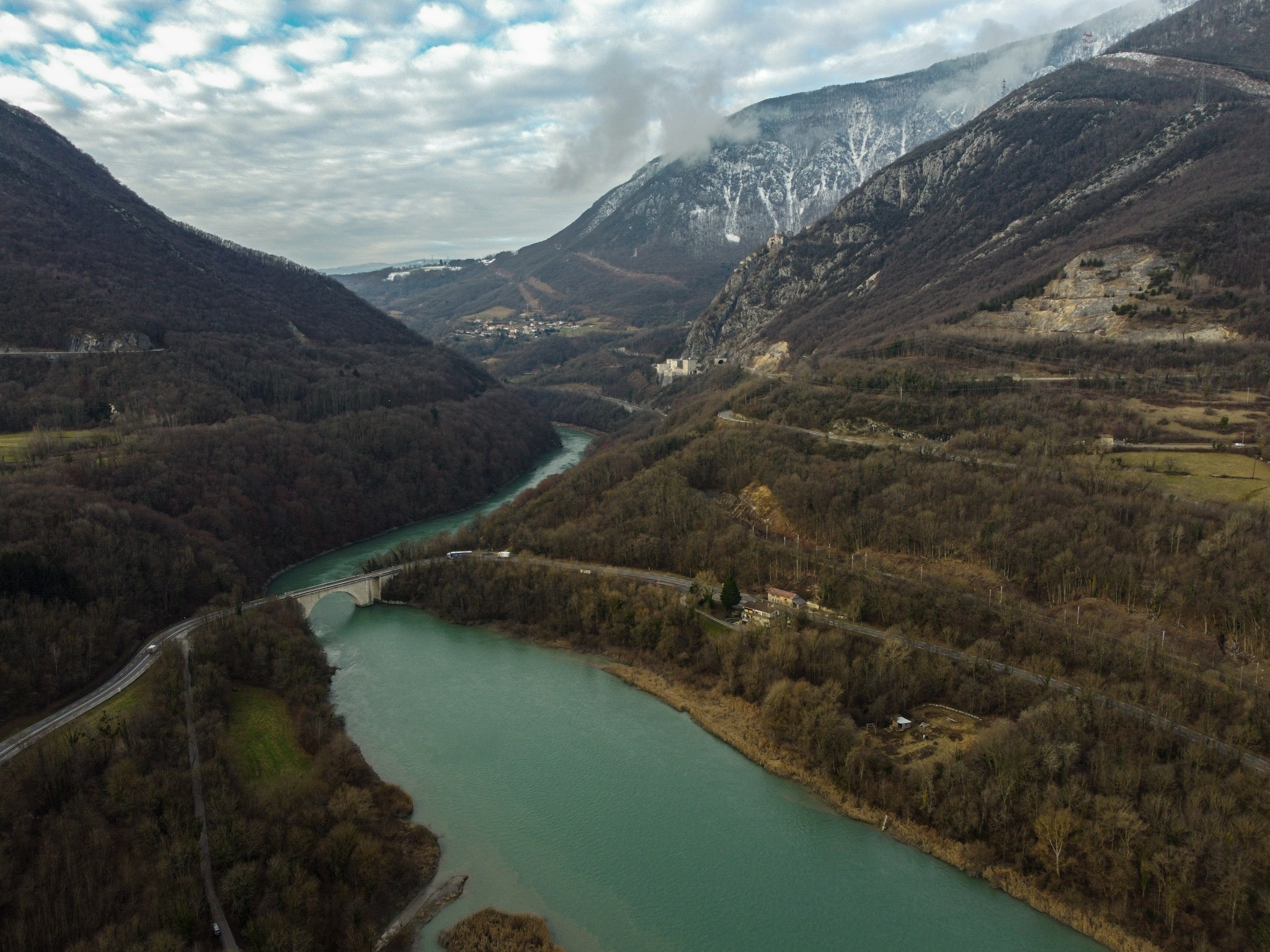 General 2048x1536 photography outdoors landscape nature drone photo mountains trees forest river bridge snow greenery winter France clouds