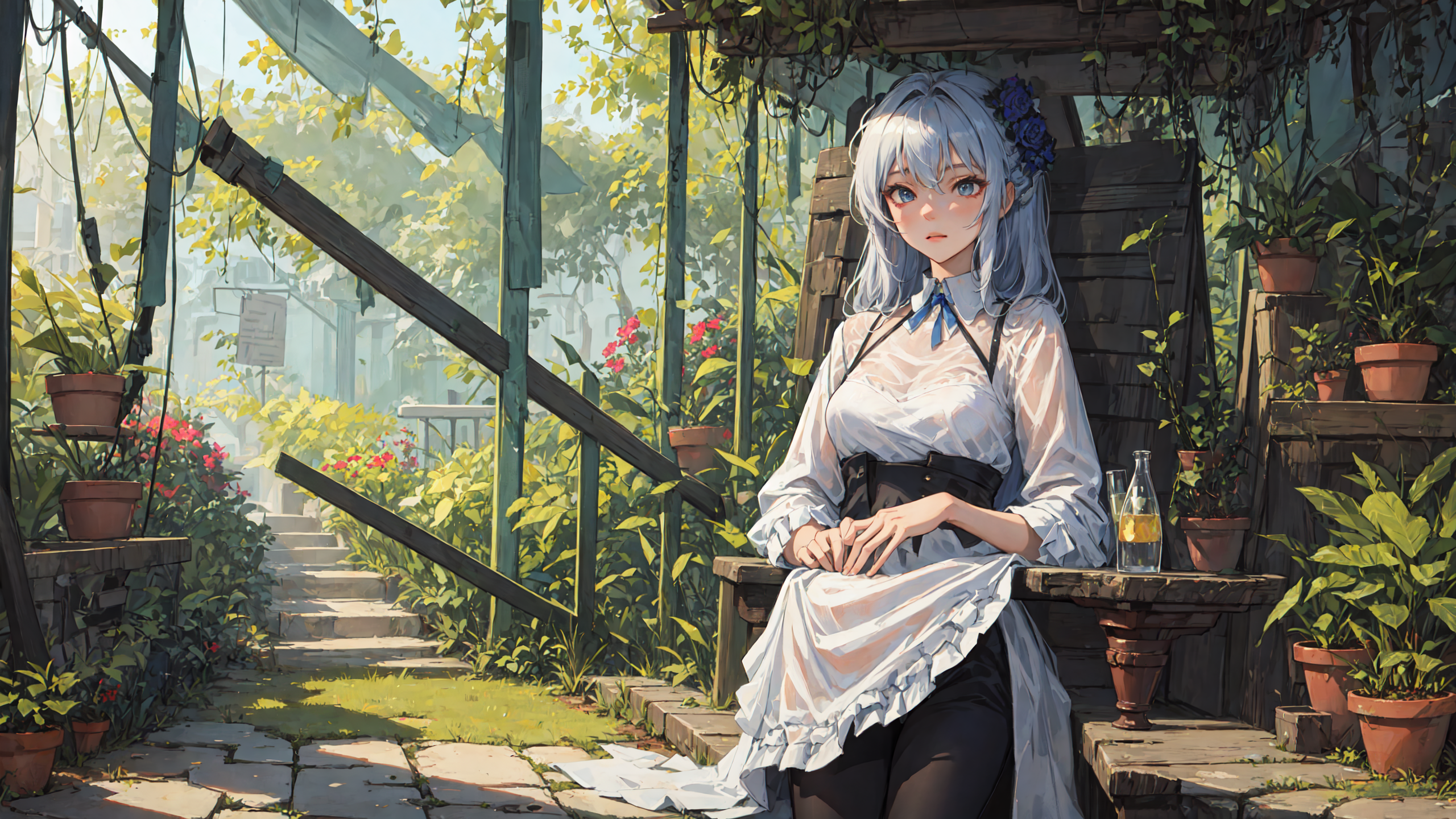 Anime 2560x1440 women anime girls garden plants flowers leaves blue hair translucent blue eyes black pants stairs looking at viewer AI art