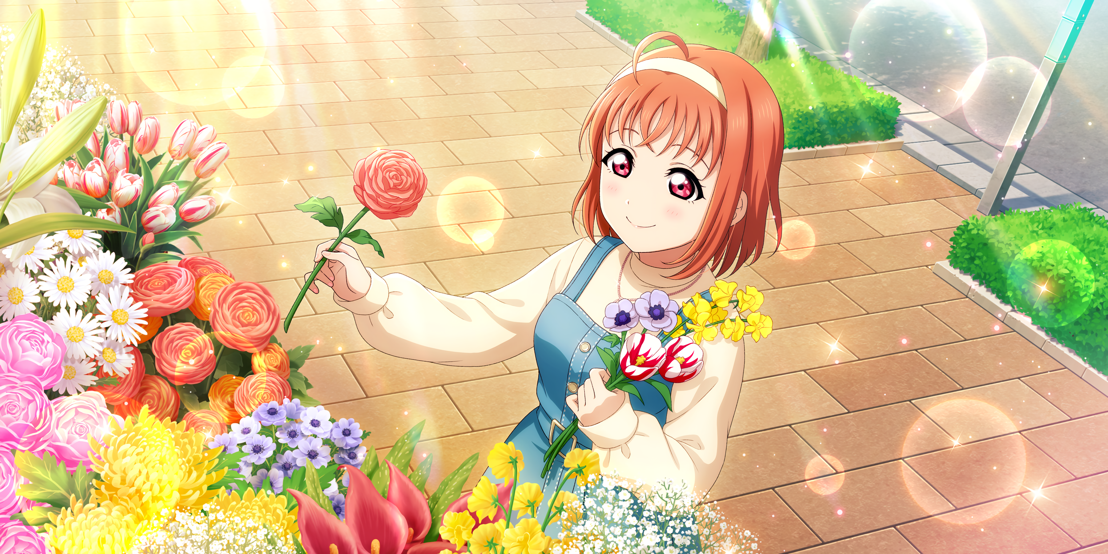 Anime 3600x1800 Takami Chika Love Live! Sunshine Love Live! anime anime girls smiling blushing flowers stars sunlight short hair