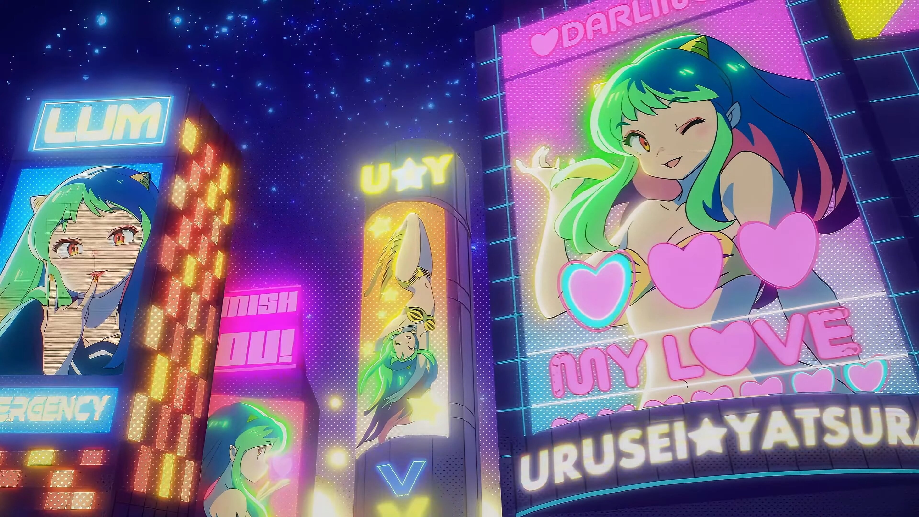 Anime 3840x2160 Urusei Yatsura Lum Invader anime girls signs night advertisements oni wink text lip gloss Anime screenshot one eye closed Lum (Urusei Yatsura)