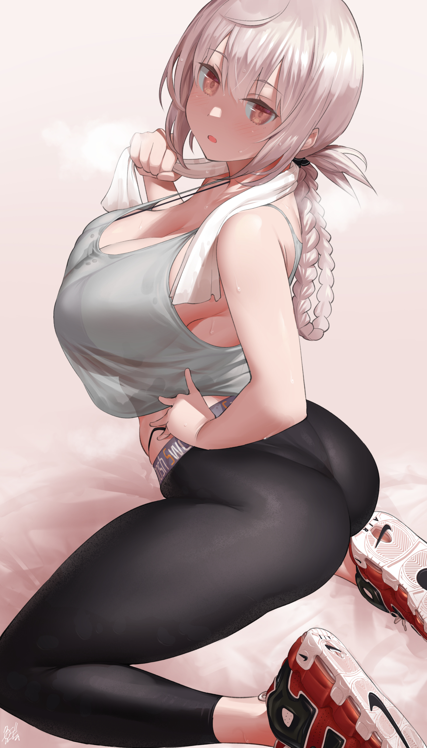 Anime 1403x2456 Fate/Grand Order anime girls pink eyes portrait display ass yoga pants big boobs braids shoes looking at viewer sweat sweaty body minimalism simple background