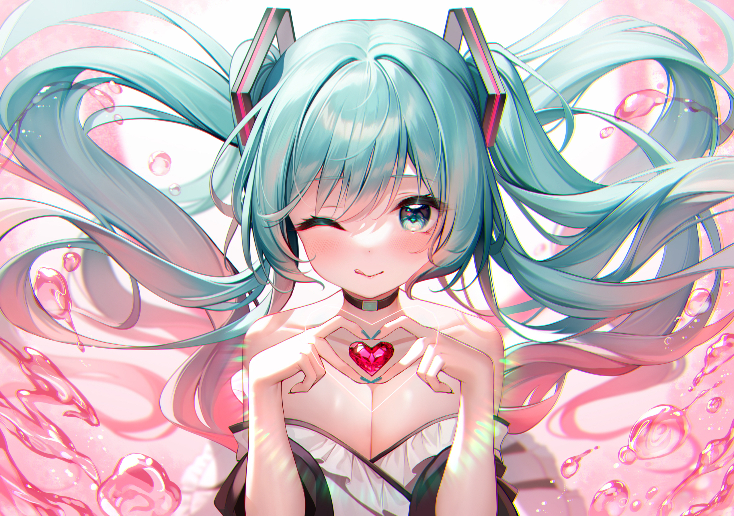Anime 2560x1800 Vocaloid Hatsune Miku MeloN anime girls twintails cleavage heart heart hands big boobs long hair water looking at viewer wink one eye closed blushing tongue out choker