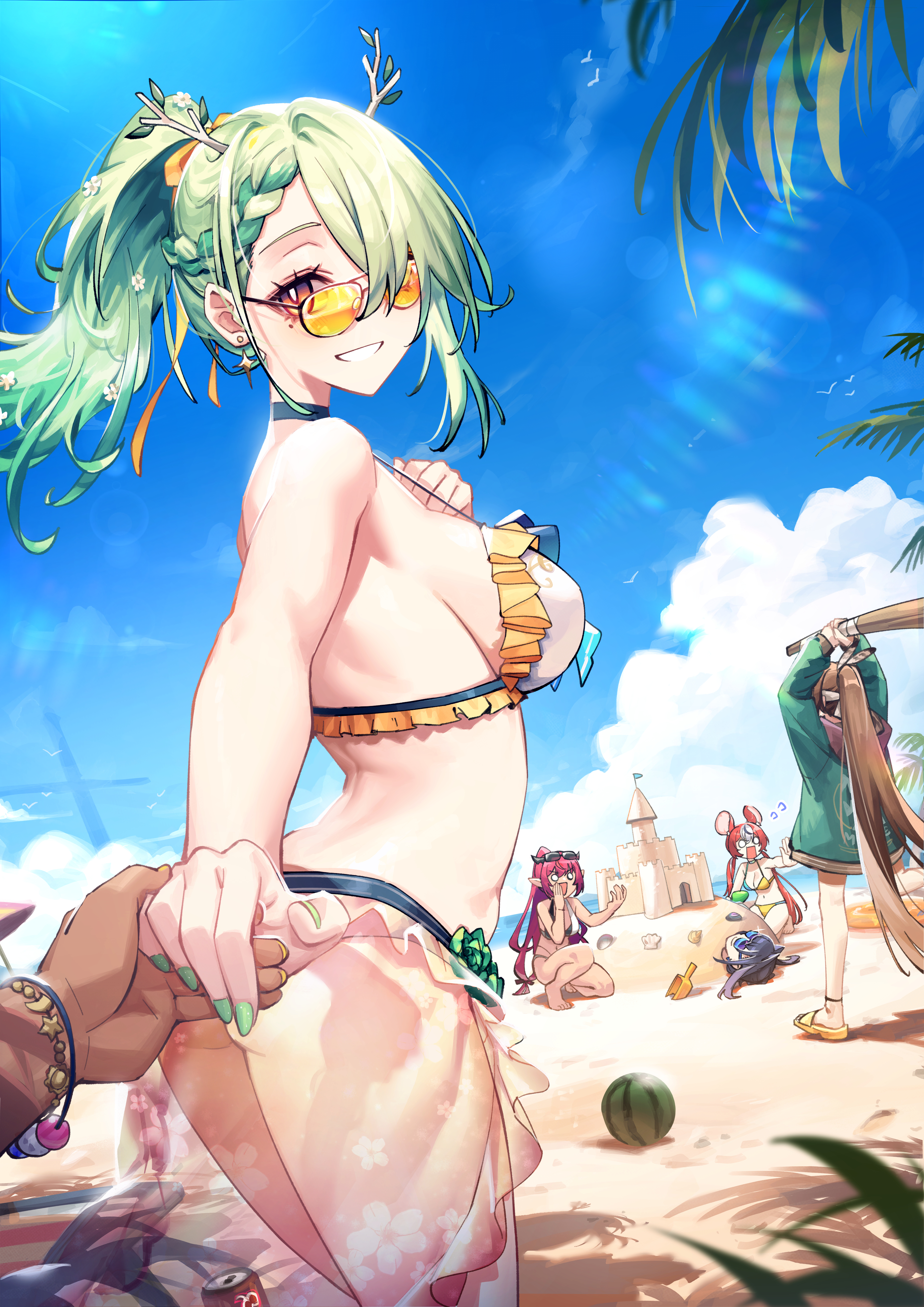 Anime 2894x4093 Adarin Hololive English Hololive Ceres Fauna Hakos Baelz beach IRyS (Hololive) bikini Nanashi Mumei boobs Ouro Kronii Tsukumo Sana group of women clouds women on beach sky women outdoors portrait display POV looking at viewer fruit watermelons choker sideboob long hair sunglasses glasses sand sculpture sand castle looking back smiling green hair ponytail mole under eye brunette yellow bikini sunlight green nails bracelets palm trees leaves flower in hair humor flowers anime girls butt crack hand(s) on chest sand braids holding hands moles Virtual Youtuber
