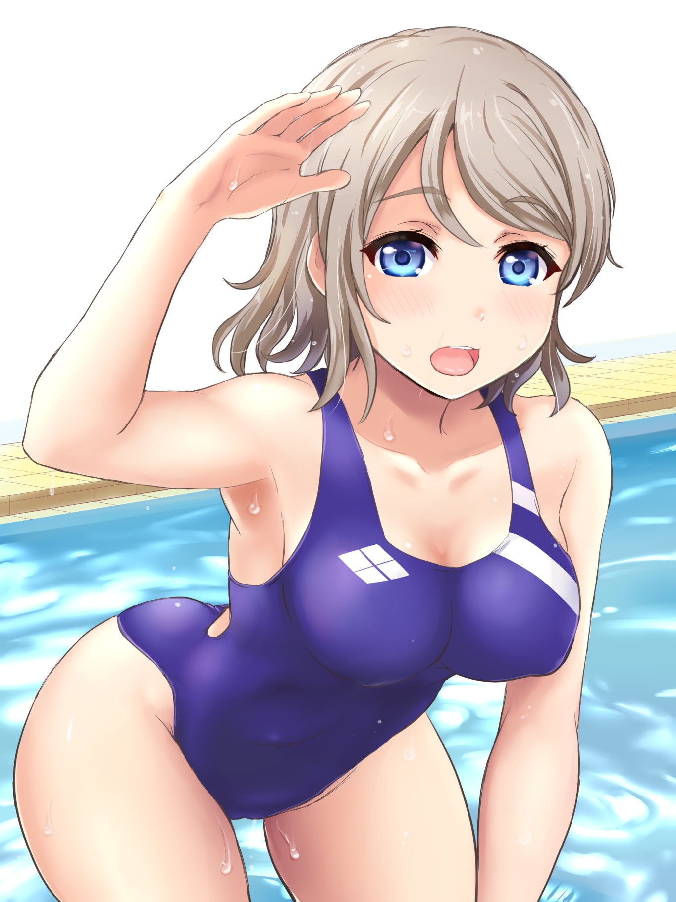Anime 1365x1821 cameltoe hard nipples cleavage Watanabe You Love Live! Sunshine school swimsuits wet body bent over one-piece swimsuit hand gesture swimming pool