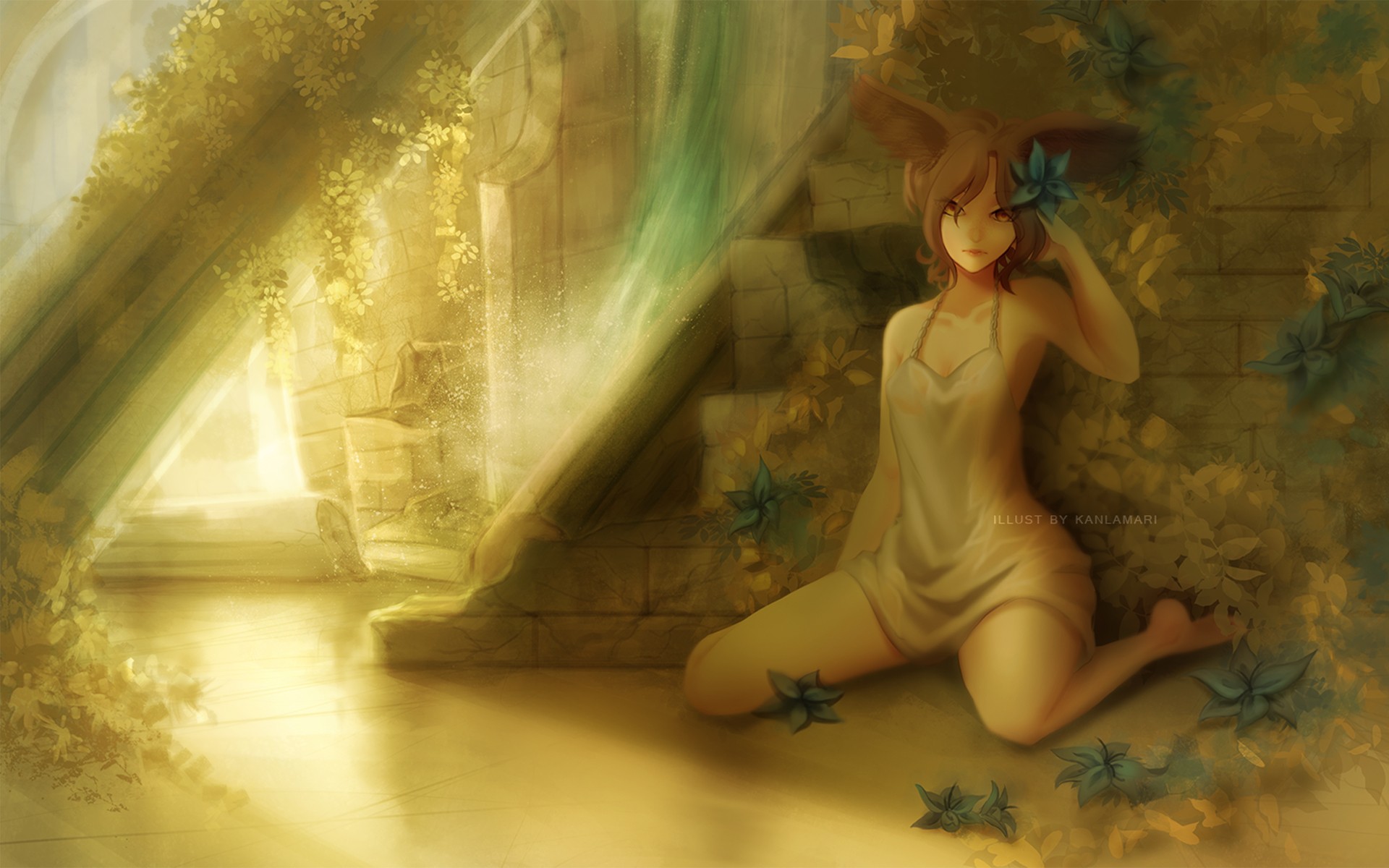 Anime 1920x1200 white dress original characters looking at viewer redhead stairs