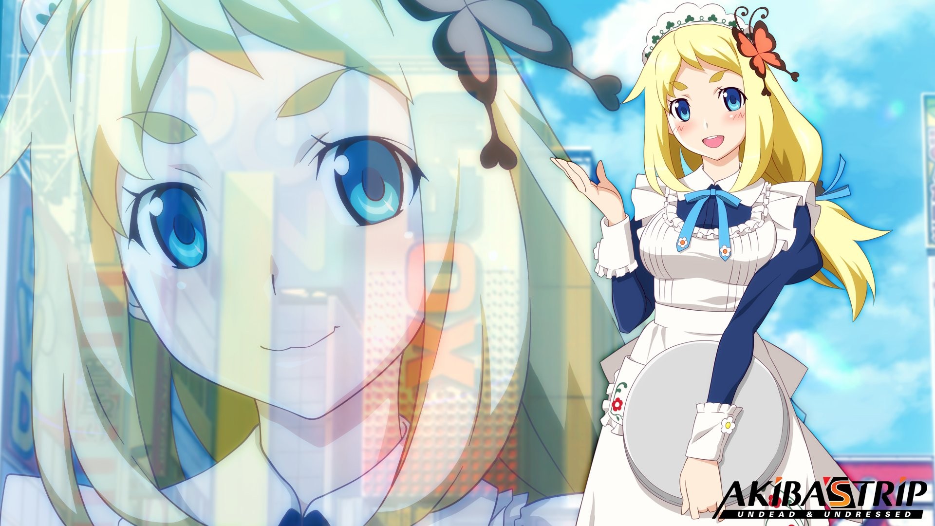 Anime 1920x1080 Akiba's Trip video games anime maid outfit smiling blonde blue eyes