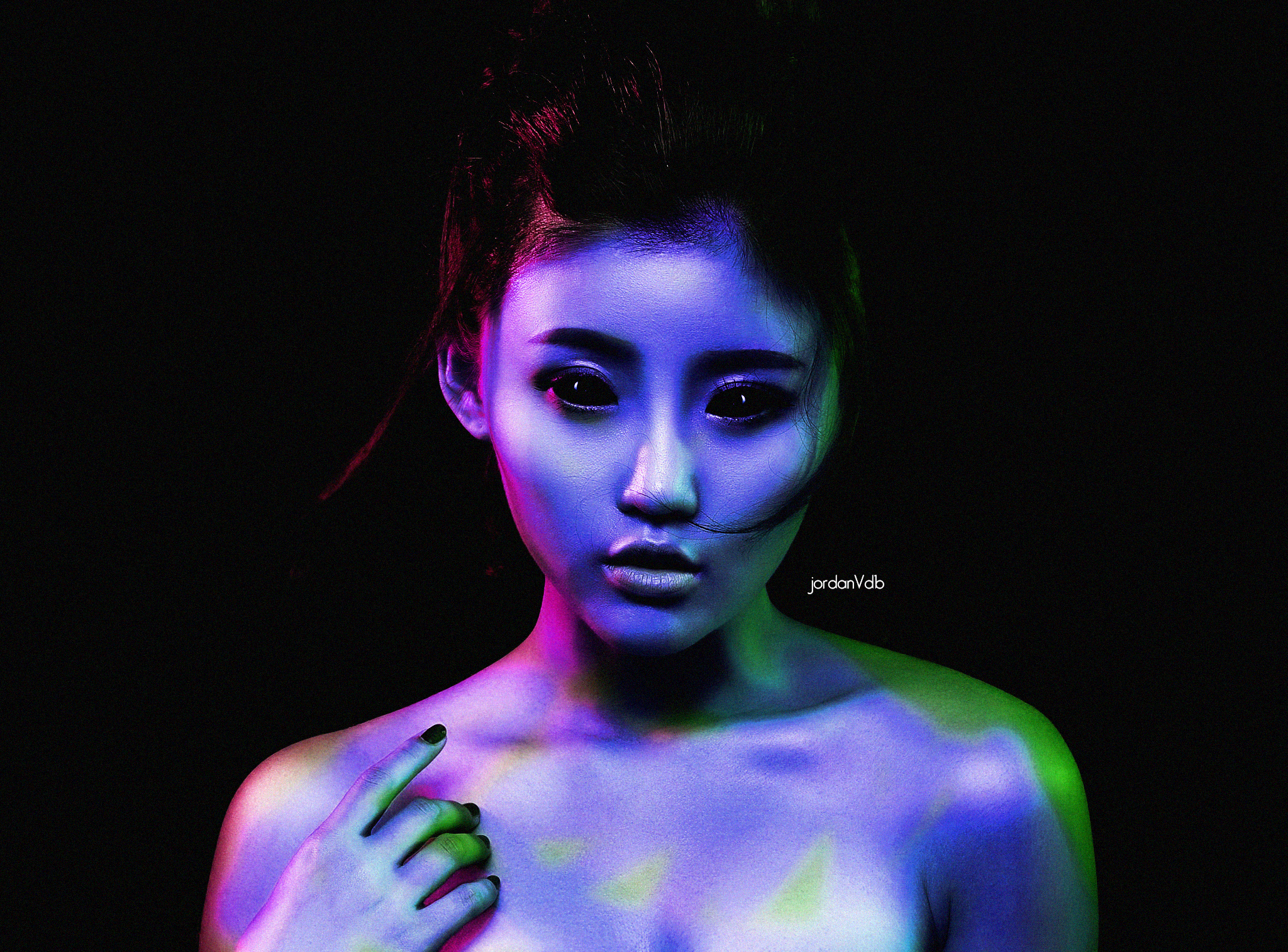 People 2048x1514 selective coloring demon black sclera blue skin Asian simple background looking at viewer women