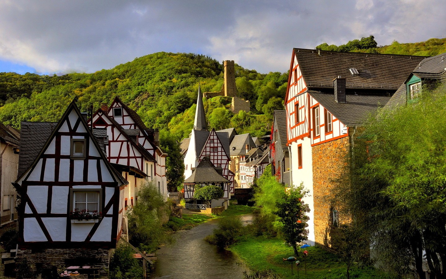 General 1440x900 architecture building old building water Germany village house stream trees nature landscape forest tower hills ruins clouds town vibrant idyllic