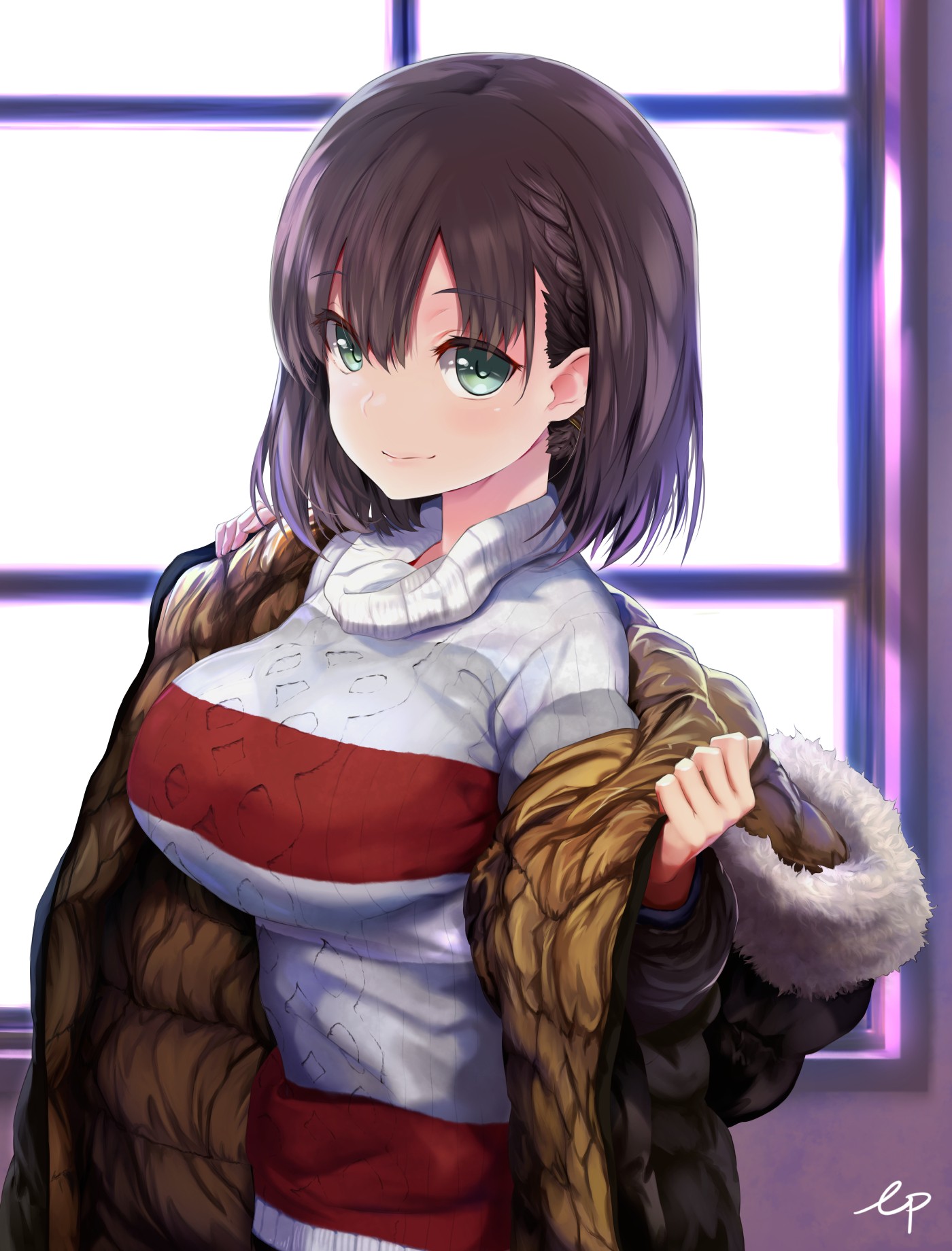 Anime 1400x1840 anime anime girls short hair brunette green eyes big boobs wide breasts sideboob 2D fan art side view frontal view blushing smiling looking at viewer fur coats signature braids brown coat open coat undressing Getsuyoubi no Tawawa Ai-chan (Getsuyoubi no Tawawa) white sweater sweater indoors women indoors closed mouth standing window EmioEp