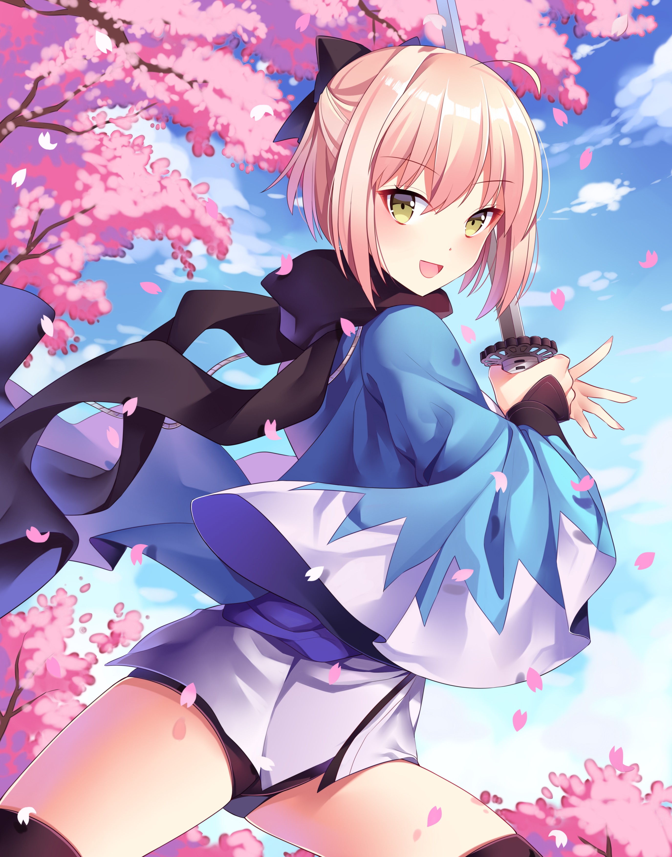 Anime 2750x3507 Fate/Grand Order sword thigh-highs cherry blossom pink hair anime anime girls Okita Souji Fate series Japanese clothes
