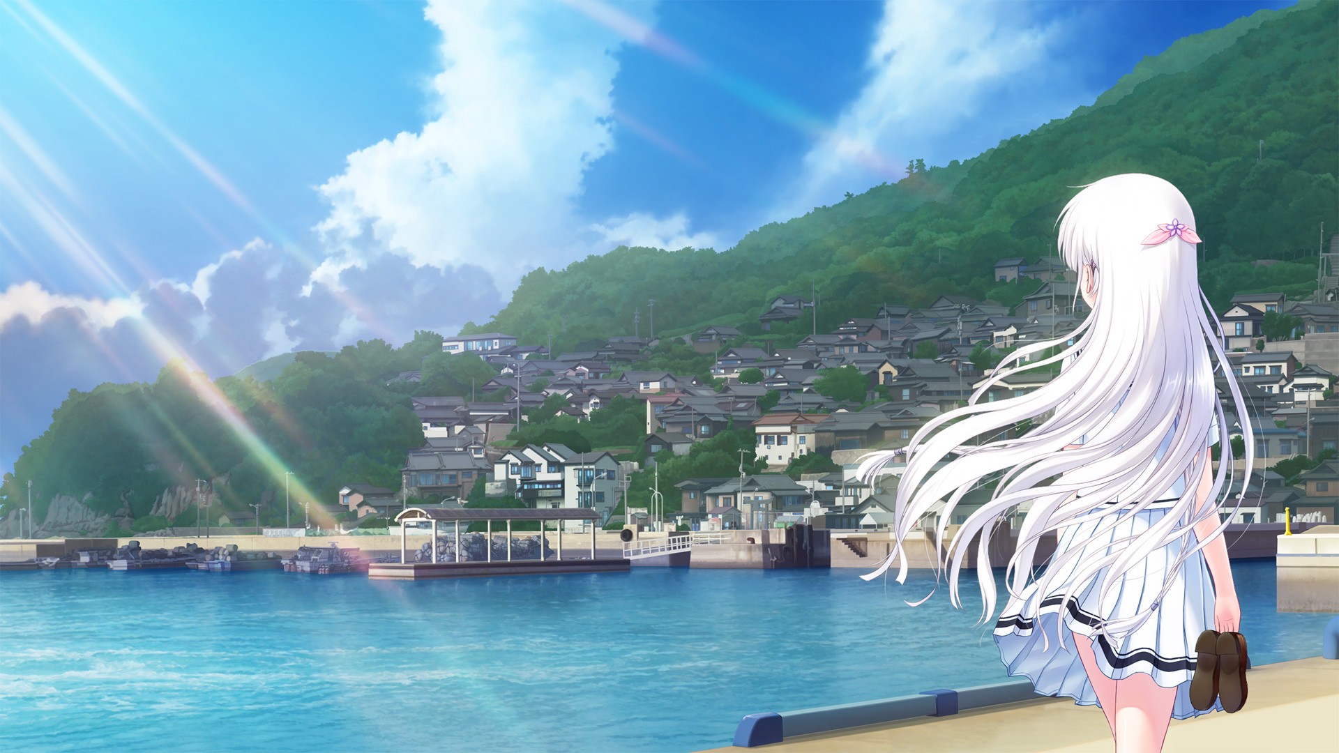 Anime 1920x1080 anime anime girls landscape long hair white hair sea sky clouds