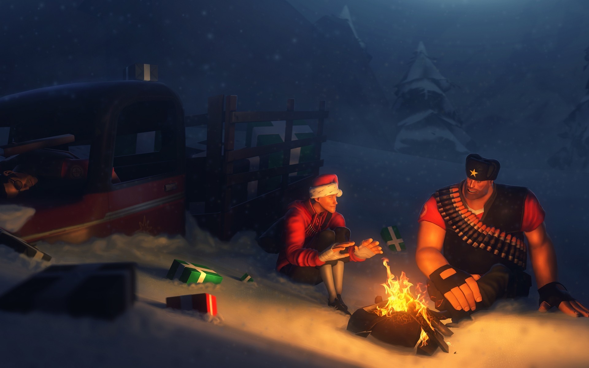 General 1920x1200 video games digital art Team Fortress 2 fire camping presents New Year truck Scout (TF2) Sniper (TF2) snow campfire PC gaming video game art Heavy (TF2)