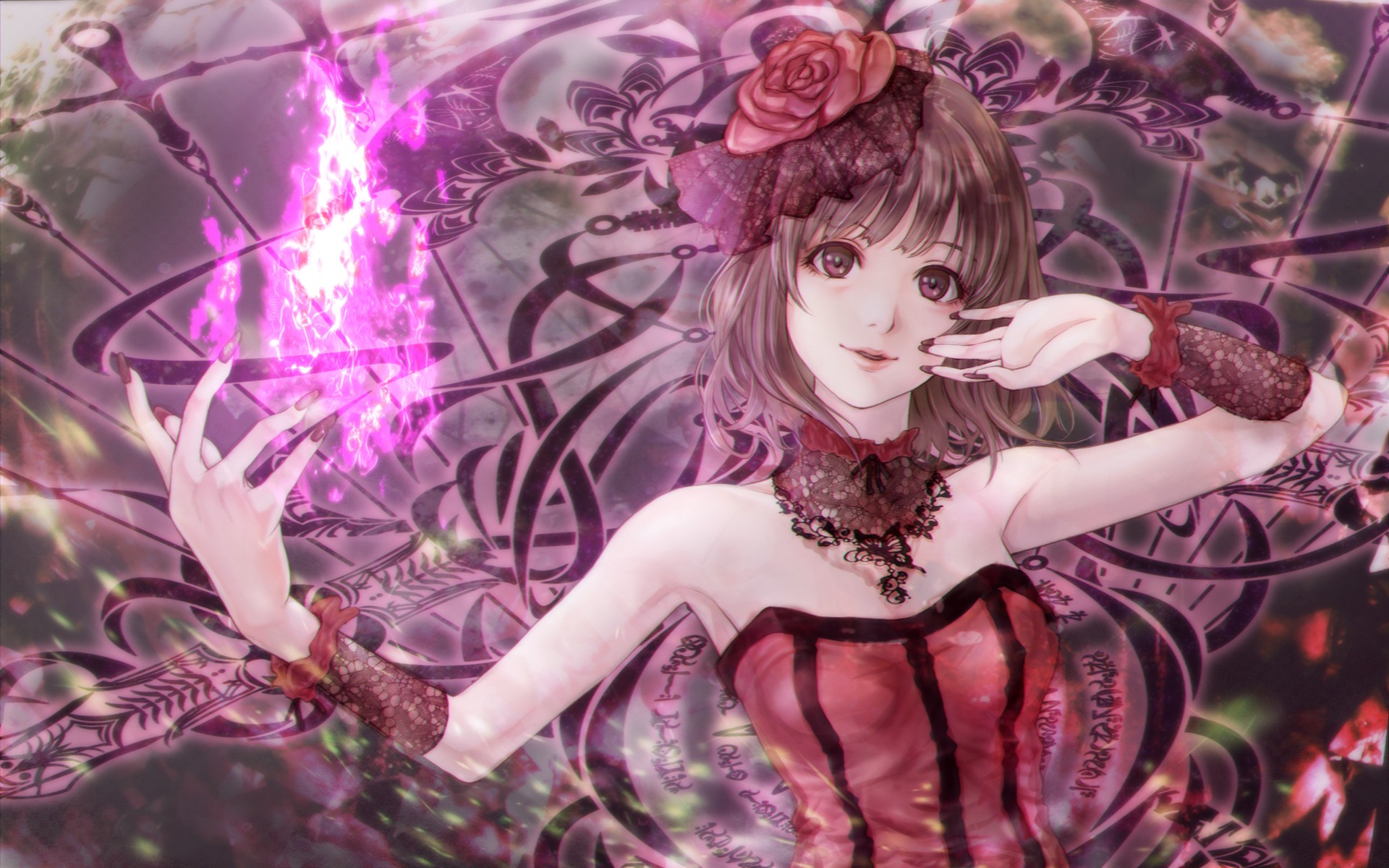 Anime 1920x1200 anime anime girls Pixiv long hair painted nails flower in hair red clothing fantasy art fantasy girl brunette looking at viewer women