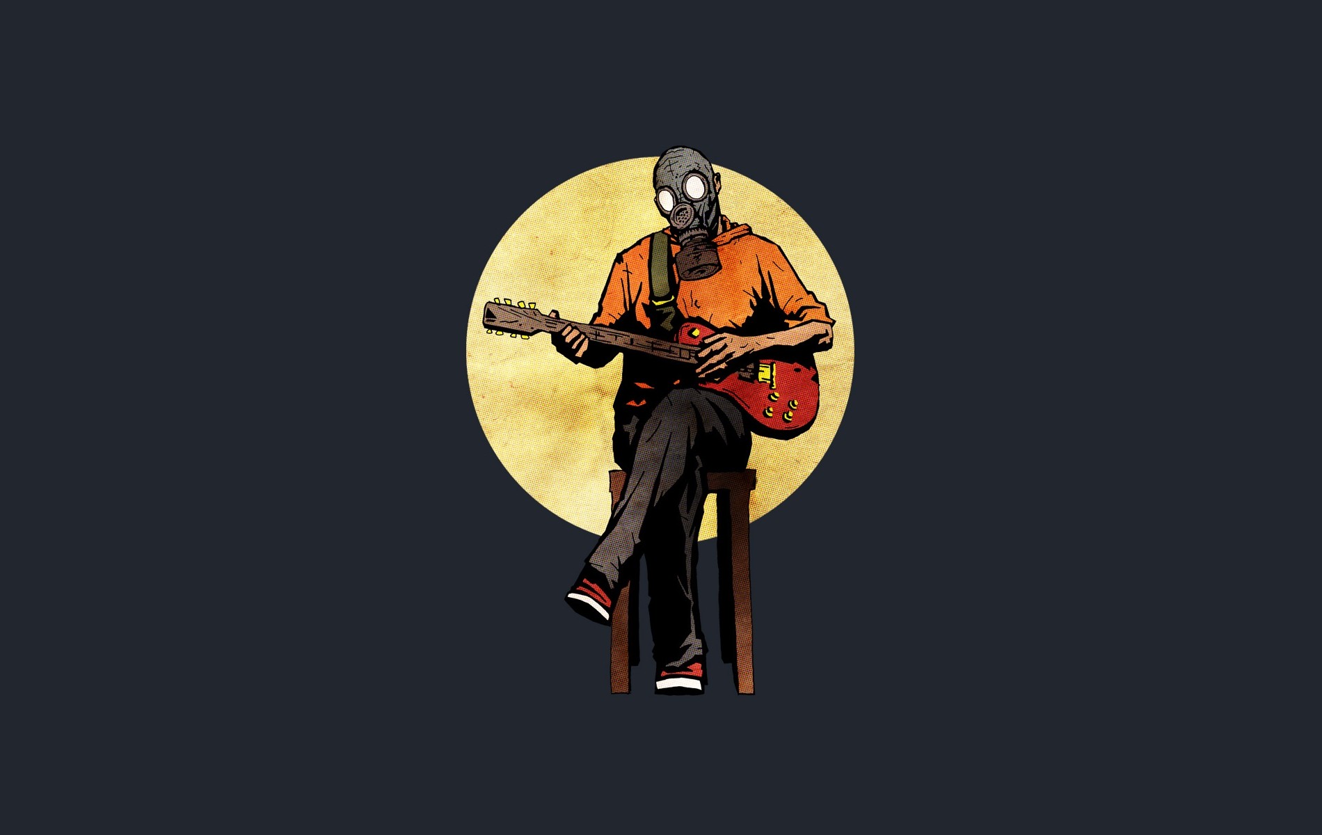 General 1900x1200 electric guitar gas masks drawing music Moon sitting men artwork simple background musical instrument