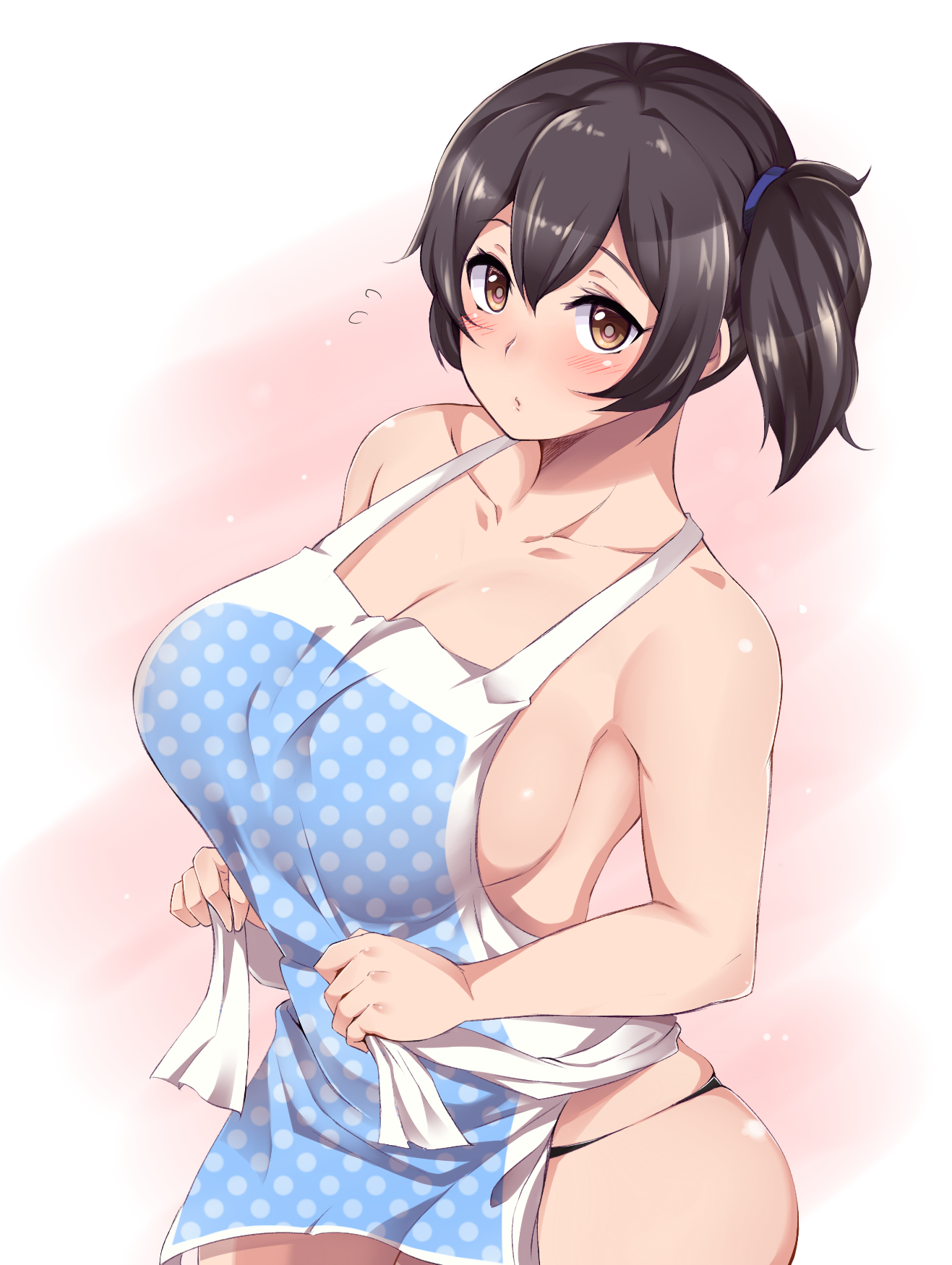 Anime 1317x1750 anime anime girls Kaga (KanColle) Kantai Collection sideboob apron naked apron boobs big boobs huge breasts curvy partially clothed simple background brunette brown eyes