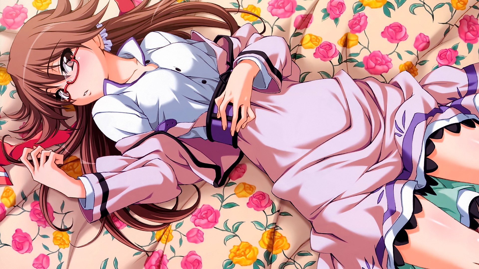 Anime 1920x1080 anime anime girls brunette long hair glasses flowers looking at viewer women with glasses lying on back