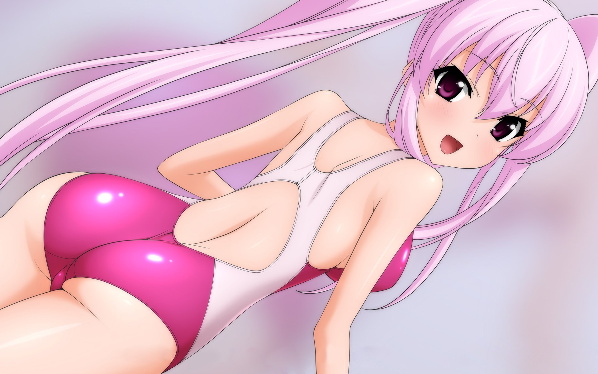 Anime 1920x1200 anime anime girls long hair pink hair twintails pink swimsuit ass looking over shoulder one-piece swimsuit open mouth pink background Pixiv swimwear