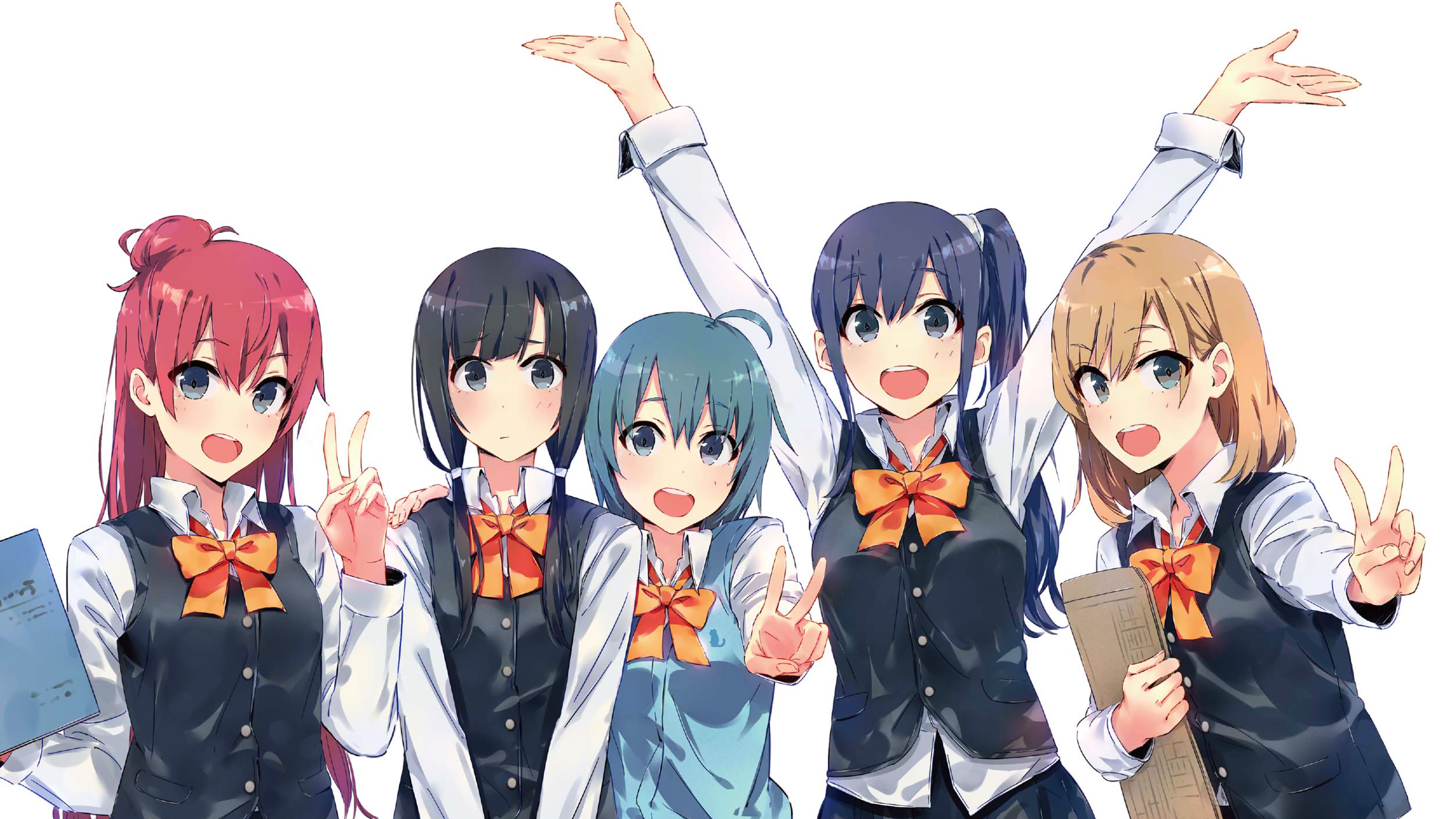 Anime 2560x1440 Shirobako anime girls anime open mouth arms up simple background group of women victory sign hand gesture redhead black hair blonde