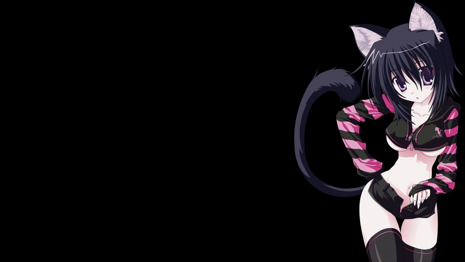 Anime 1600x900 anime black background cat girl Nanao Naru anime girls simple background boobs belly tail animal ears unbuttoned stockings purple eyes hair in face