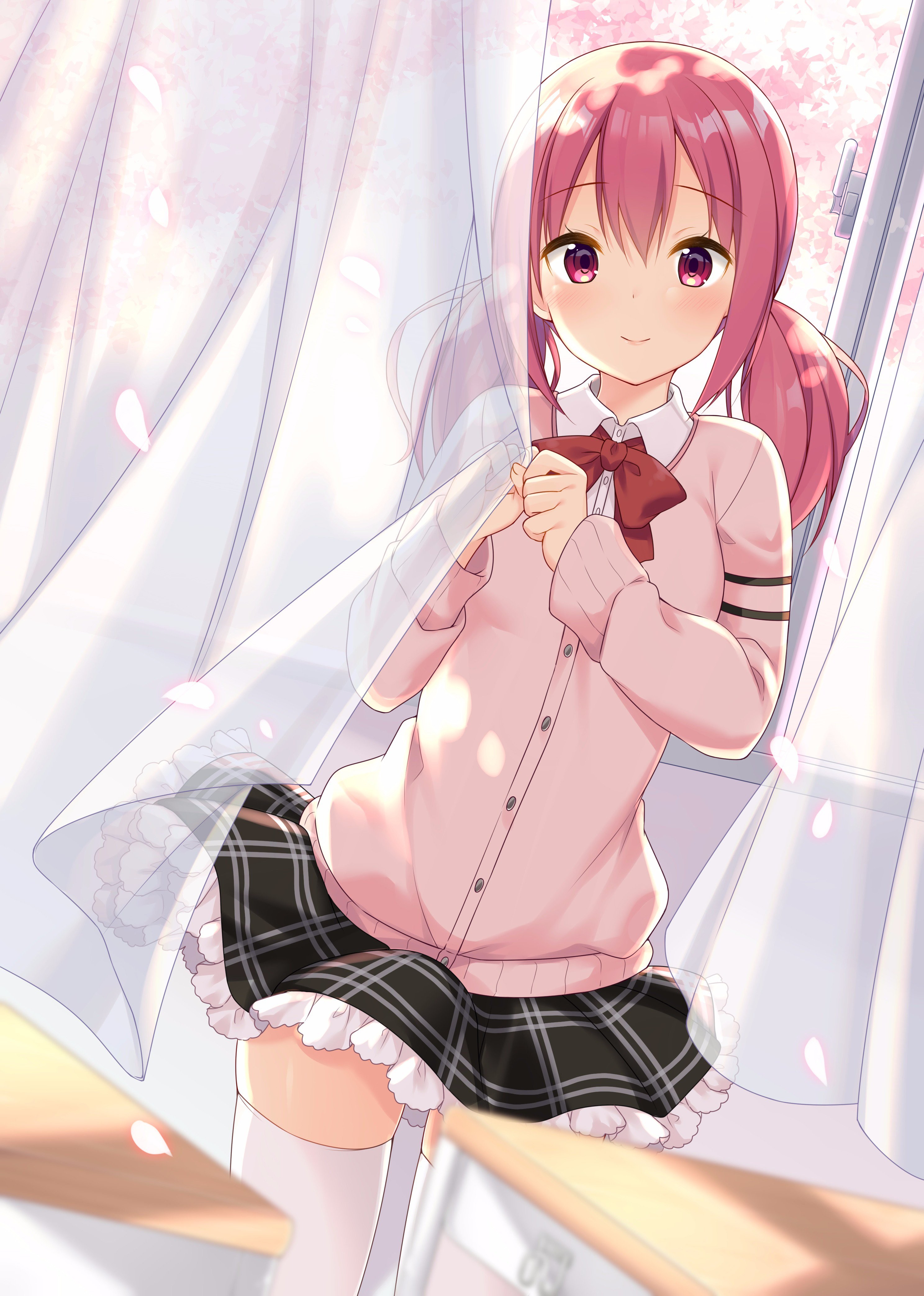 Anime 2976x4175 anime anime girls sweater long hair pink hair skirt smiling looking at viewer