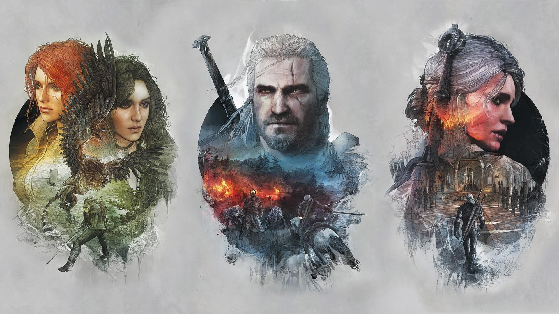 General 1920x1080 The Witcher Geralt of Rivia The Witcher 3: Wild Hunt video games simple background gray background fantasy art fantasy girl video game man video game characters video game girls PC gaming RPG Cirilla Fiona Elen Riannon