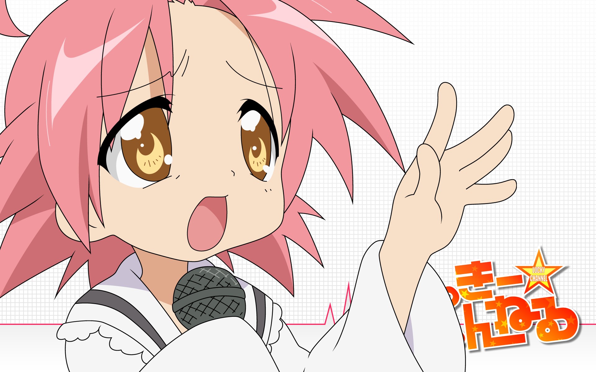 Anime 1920x1200 anime anime girls Lucky Star Kogami Akira pink hair open mouth microphone simple background white background
