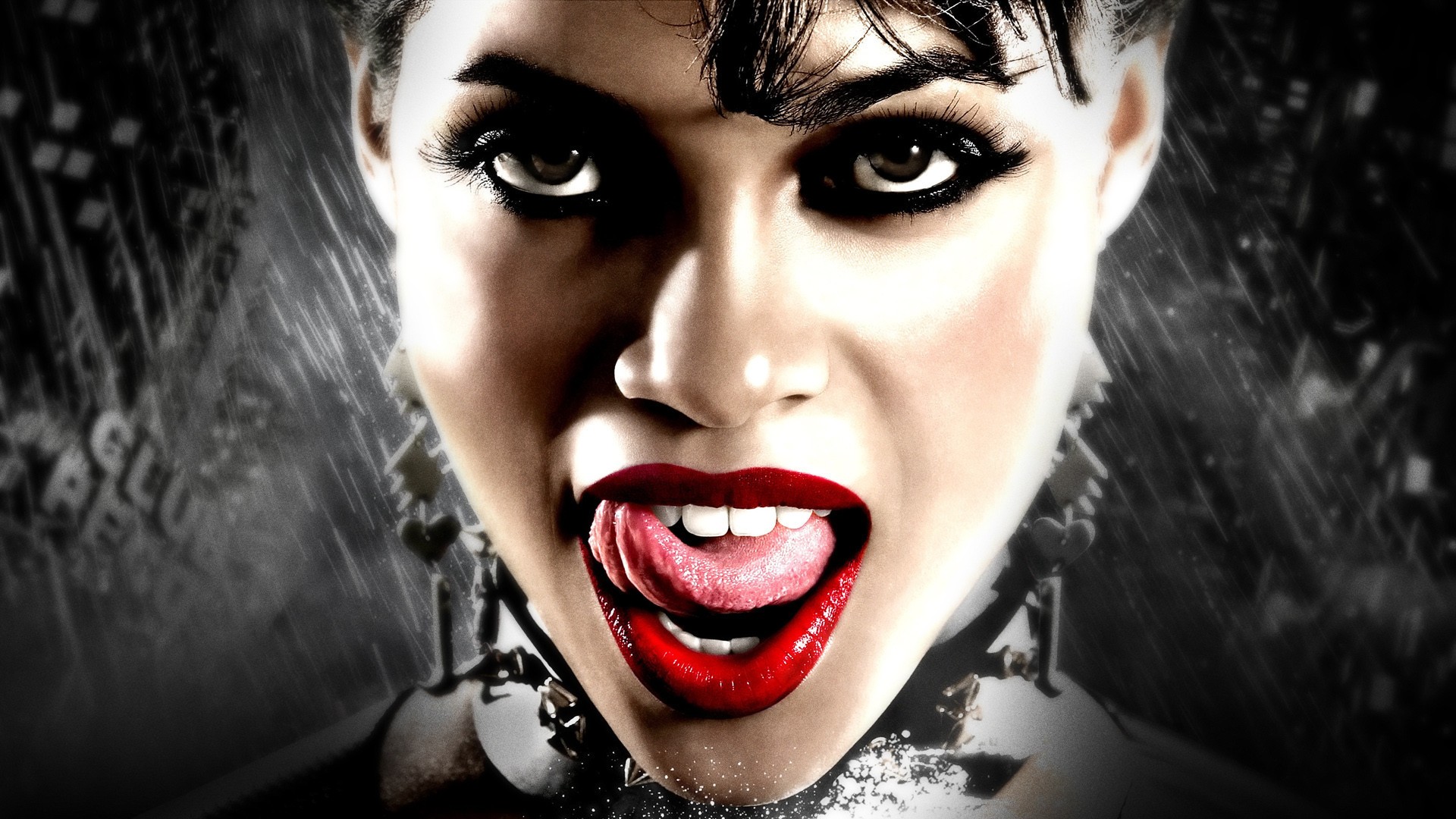 People 1920x1080 Sin City Rosario Dawson red lipstick actress movies face closeup tongues tongue out women movie poster dark eyes