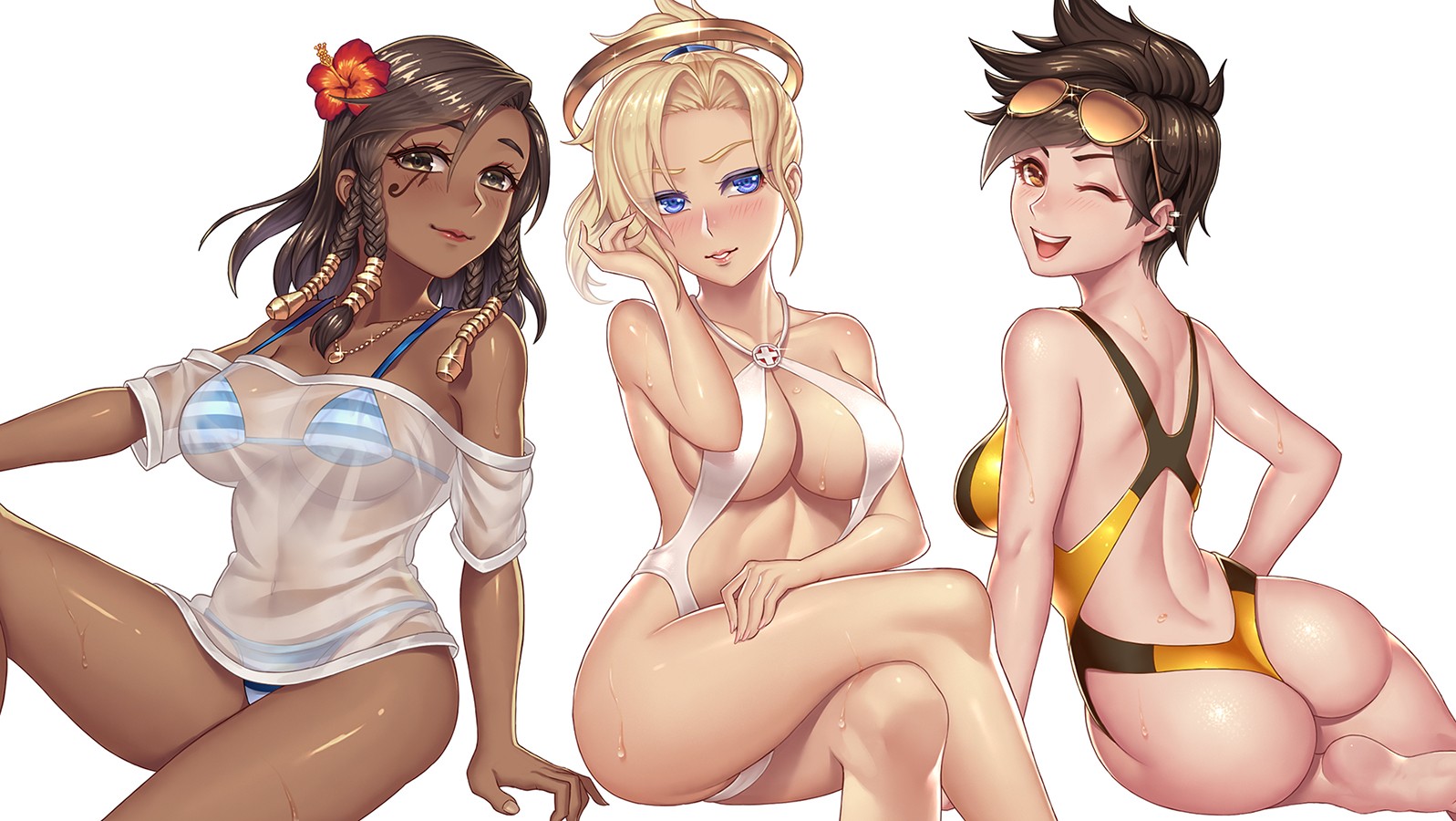 Anime 1597x900 Overwatch Mercy (Overwatch) Tracer (Overwatch) Pharah (Overwatch) ass bikini sling bikini tattoo wet clothing long hair blue eyes blonde brown eyes orange eyes women trio Pixiv boobs big boobs white background simple background women video game girls video game characters fan art curvy women with shades sunglasses thighs legs crossed one-piece swimsuit