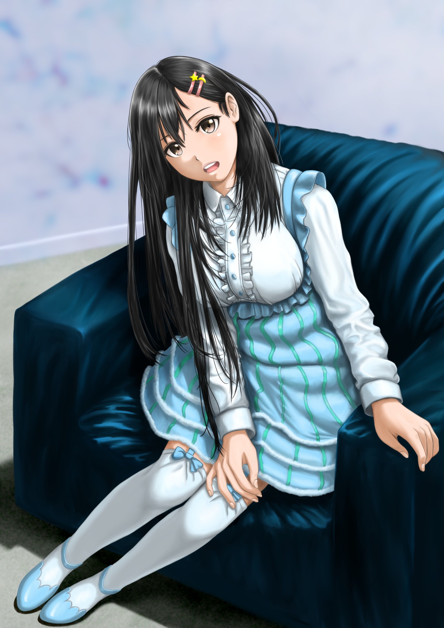 Anime 1447x2047 anime anime girls long hair brown eyes armchair cyan Pixiv black hair stockings open mouth women indoors dress