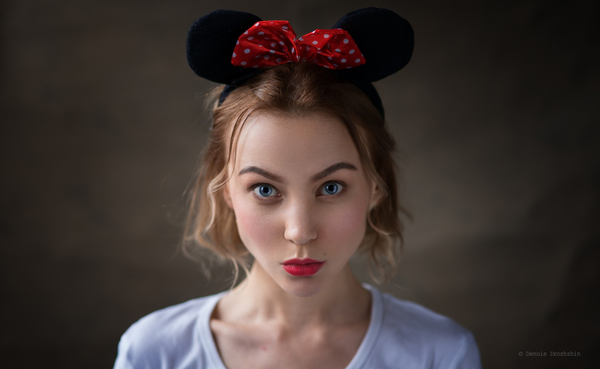People 2048x1260 women model Dennis Drozhzhin looking at viewer face portrait simple background eyes lips blonde blue eyes lipstick mouse ears Anzhelika Shamova closeup red lipstick women indoors indoors makeup