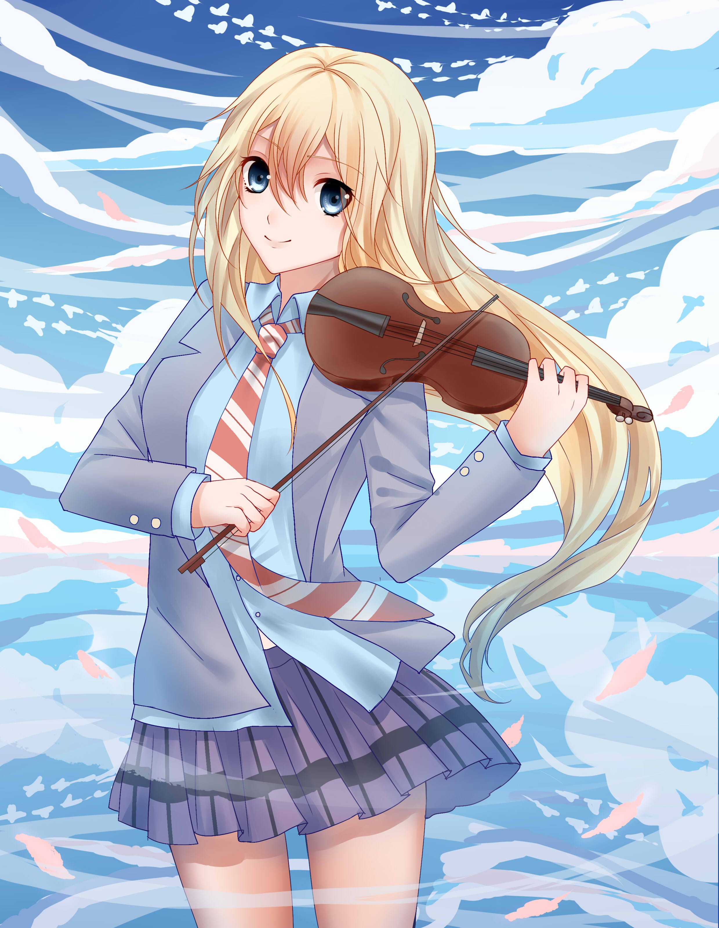 Anime 2480x3200 anime anime girls long hair blonde blue eyes violin Shigatsu wa Kimi no Uso skirt tie smiling sky purple skirt musical instrument music dark eyes looking at viewer Pixiv