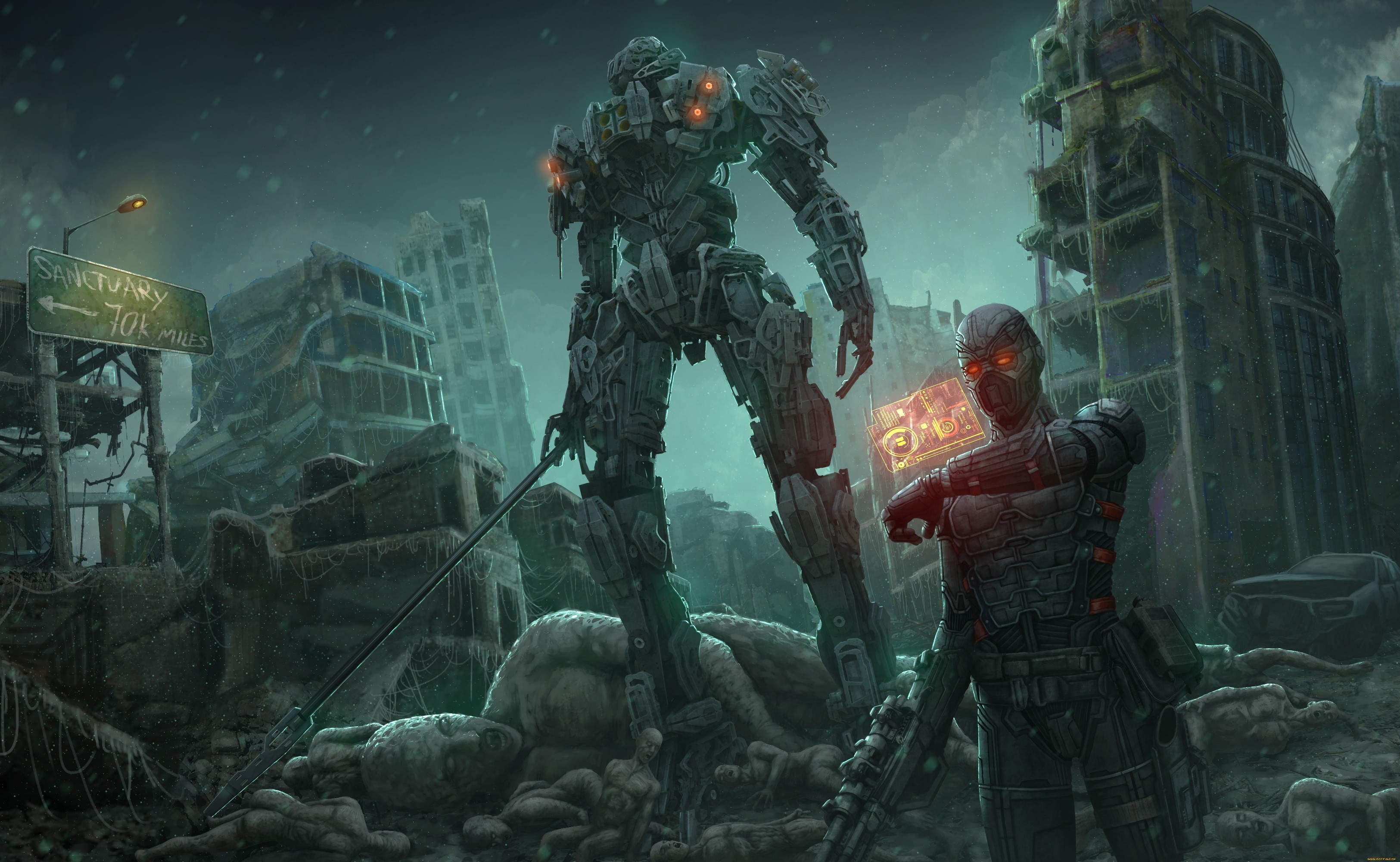General 3250x2000 science fiction futuristic digital art artwork ruins machine weapon apocalyptic