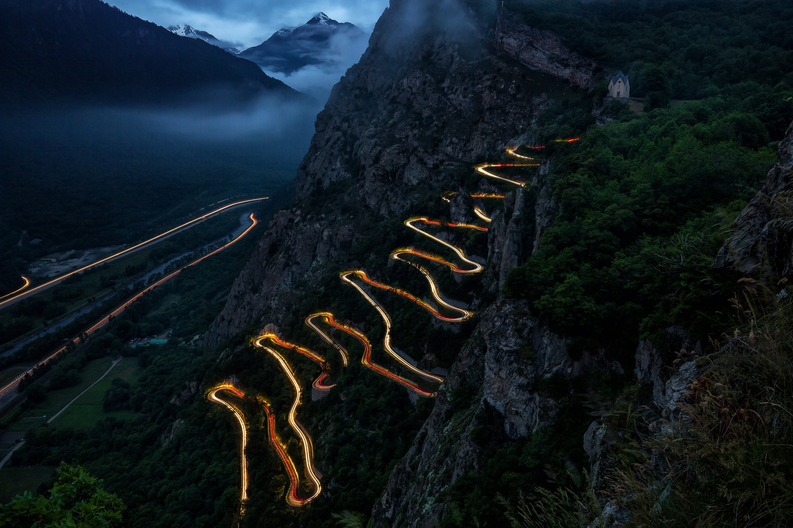 General 1600x1066 landscape lights car long exposure mountains clouds mist rocks valley road trees evening hairpin turns France