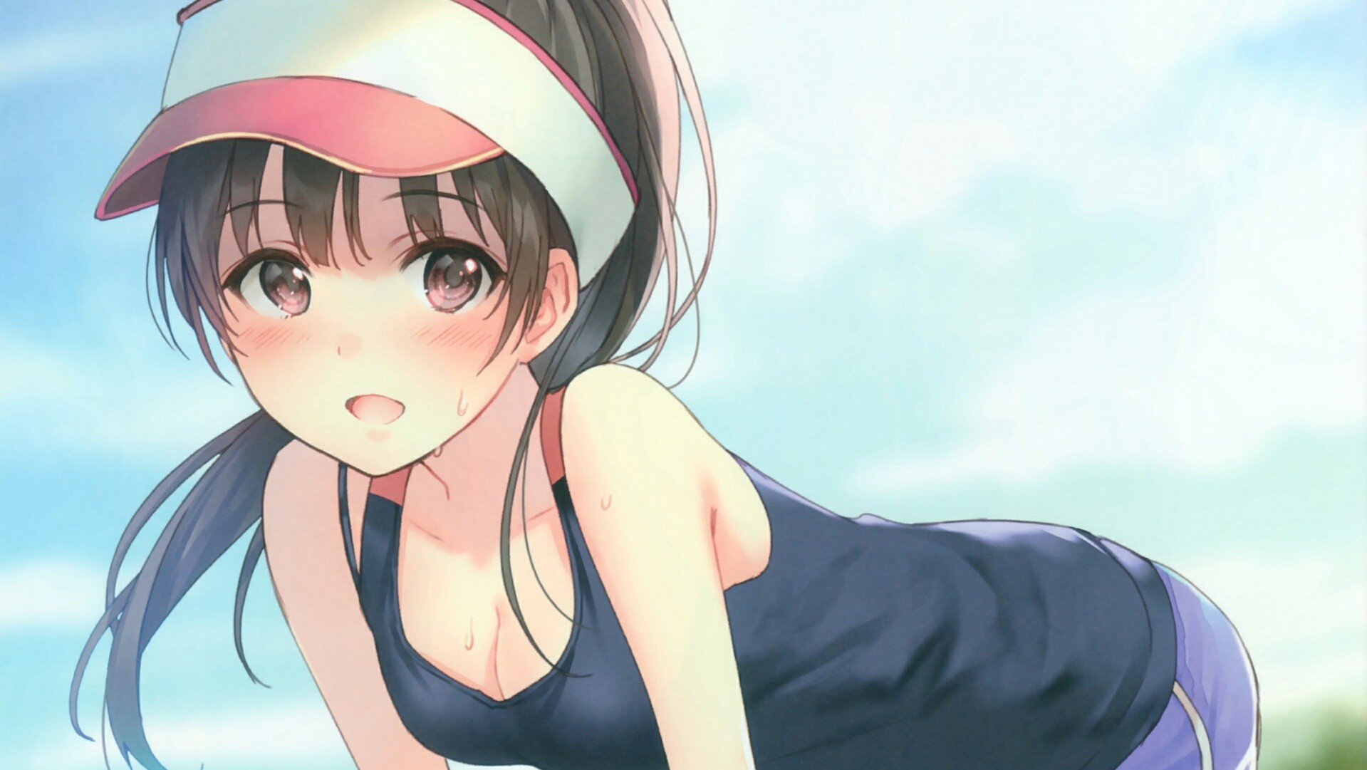 Anime 1919x1081 anime girls anime tank top sweat cleavage bent over blushing brunette cropped artwork Fukahire Sanba
