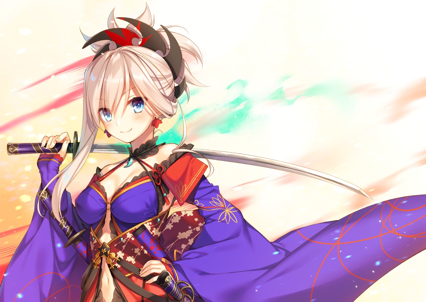 Anime 1416x1003 Fate/Grand Order purple dress katana Miyamoto Musashi (Fate/Grand Order)