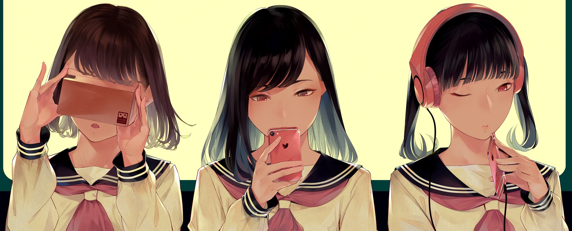Anime 1920x775 Sawasawa neckerchief headphones anime girls school uniform dark hair smartphone