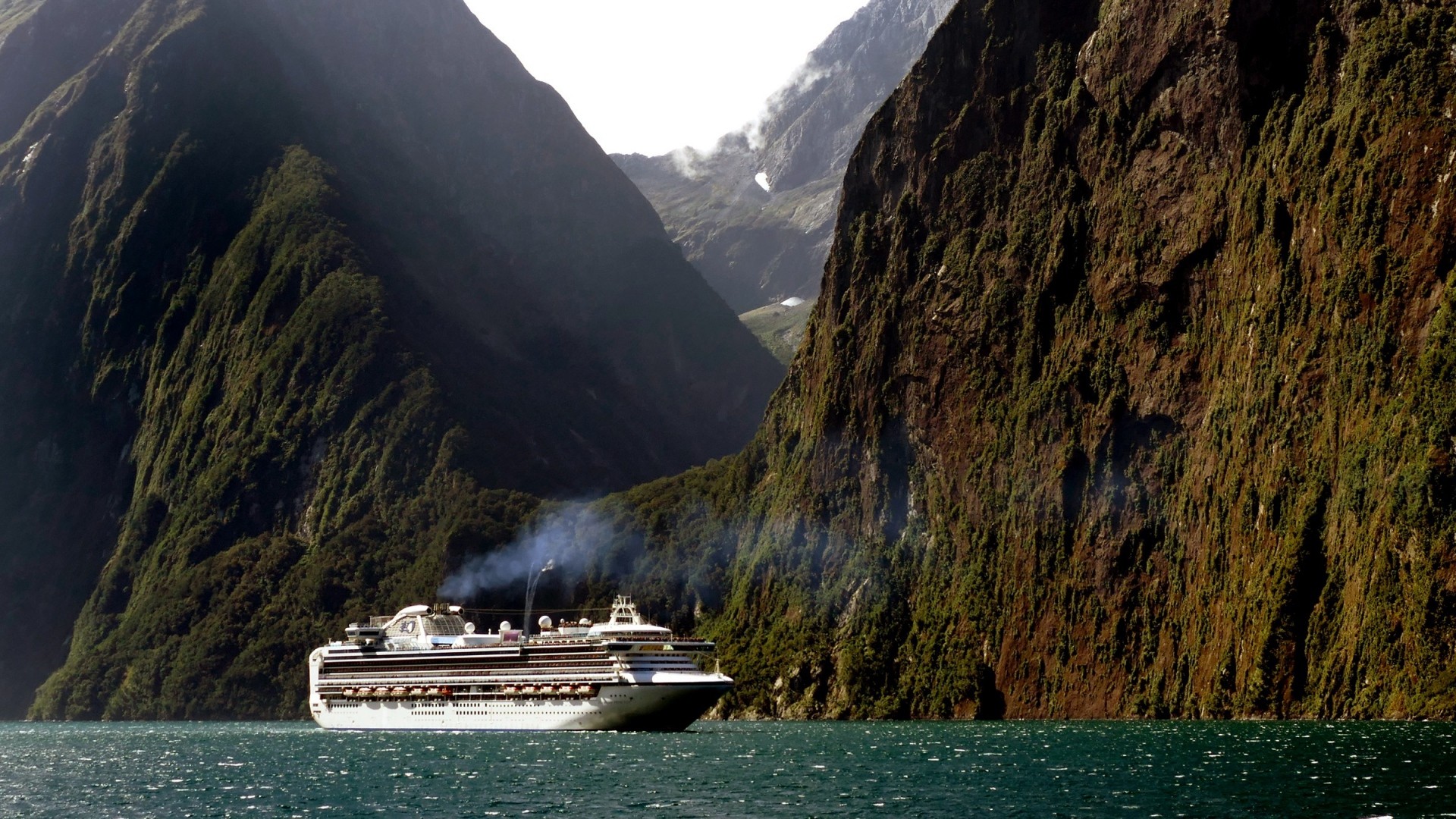 General 1920x1080 nature landscape sea New Zealand cruise ship mountains smoke trees forest