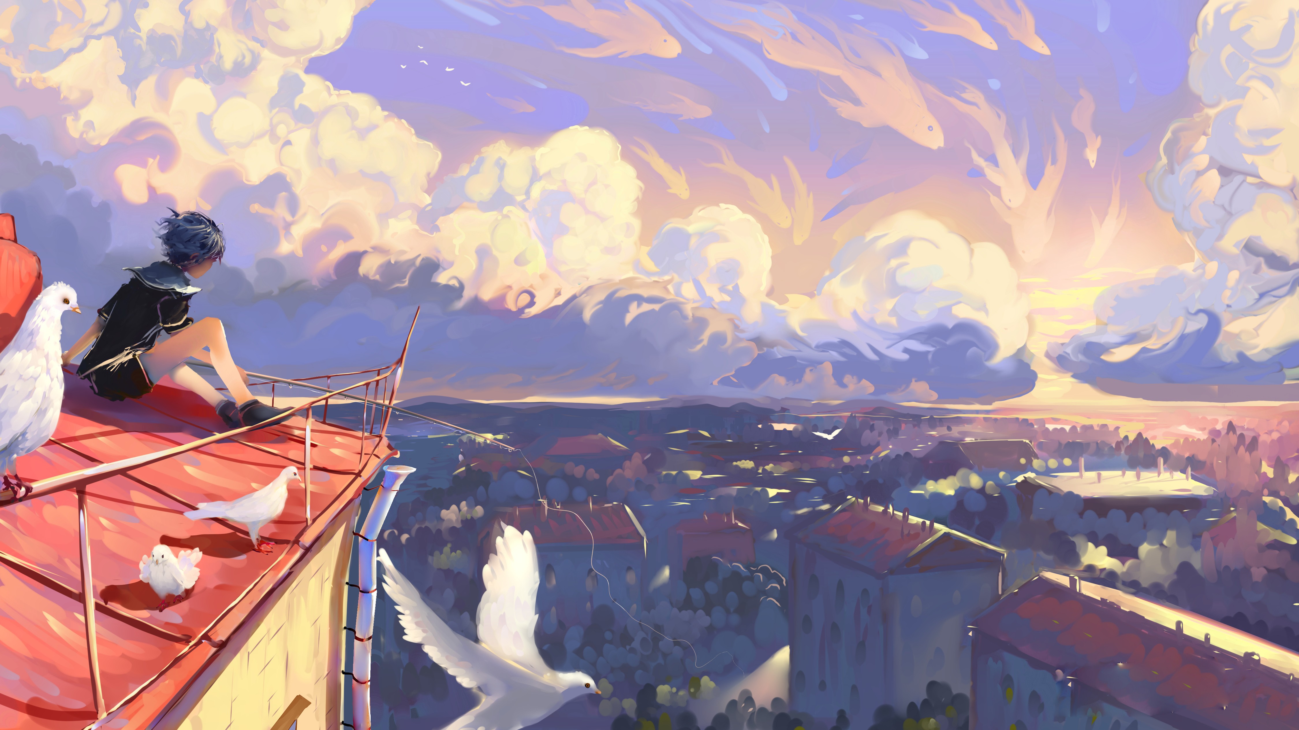 Anime 4500x2531 artwork illustration sunset digital art rooftops clouds birds blue hair