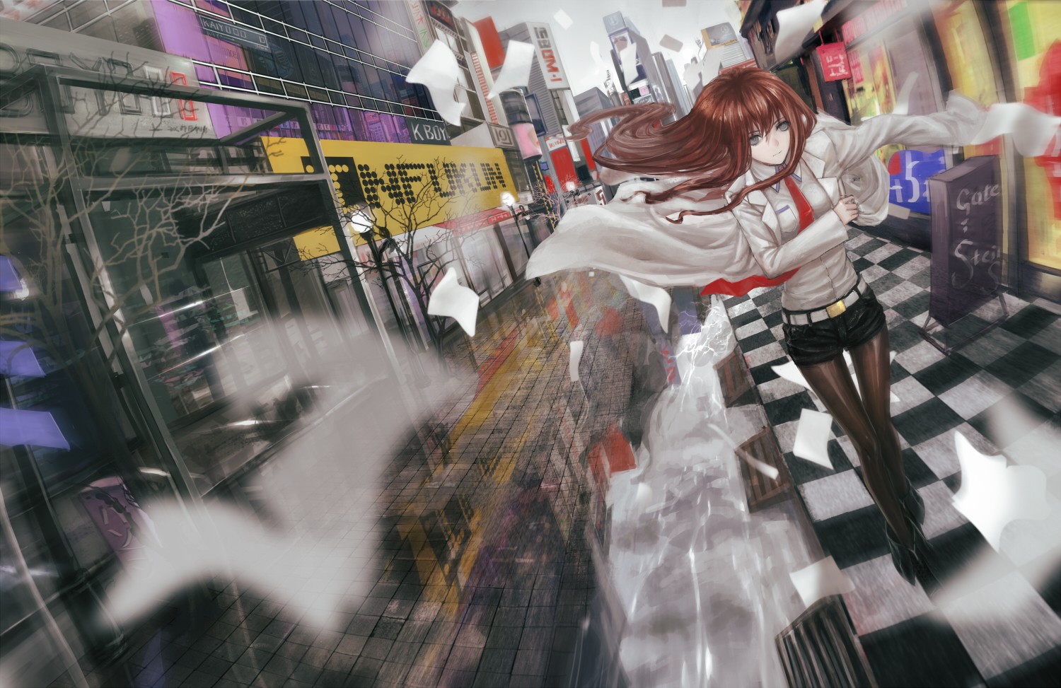 Anime 1500x973 Steins;Gate anime girls Makise Kurisu anime cityscape