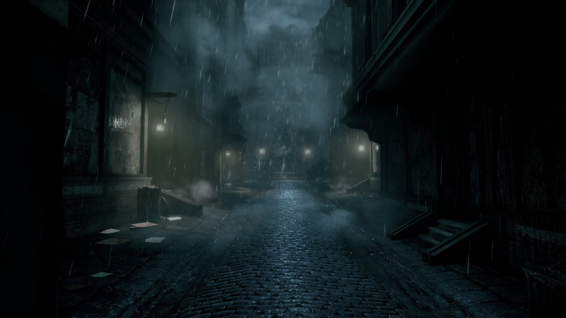General 1920x1080 video games screen shot BioShock Infinite: Burial at Sea rain night dark cobblestone alleyway