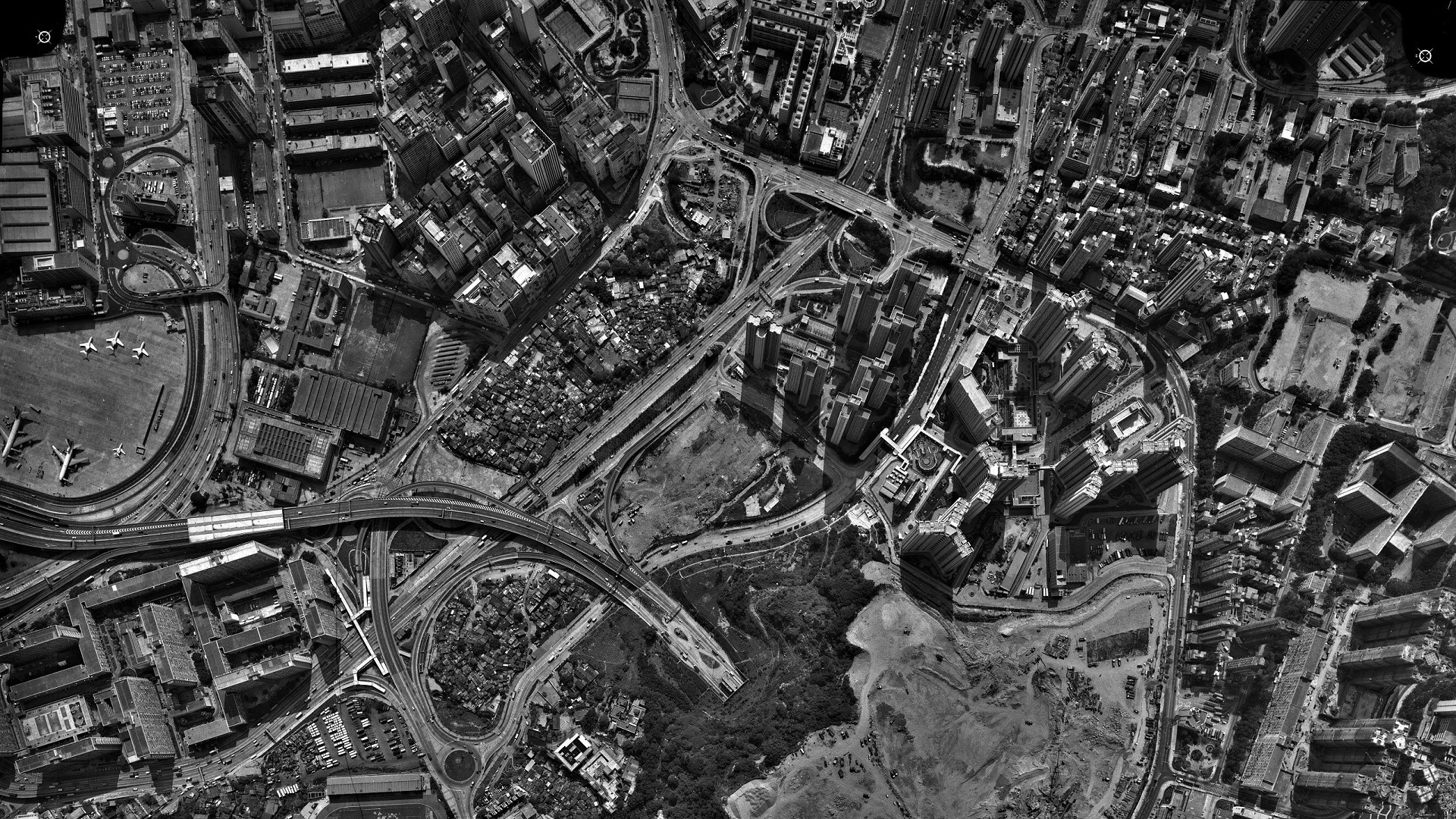 General 1920x1080 Hong Kong airport airplane tunnel highway aerial view monochrome building