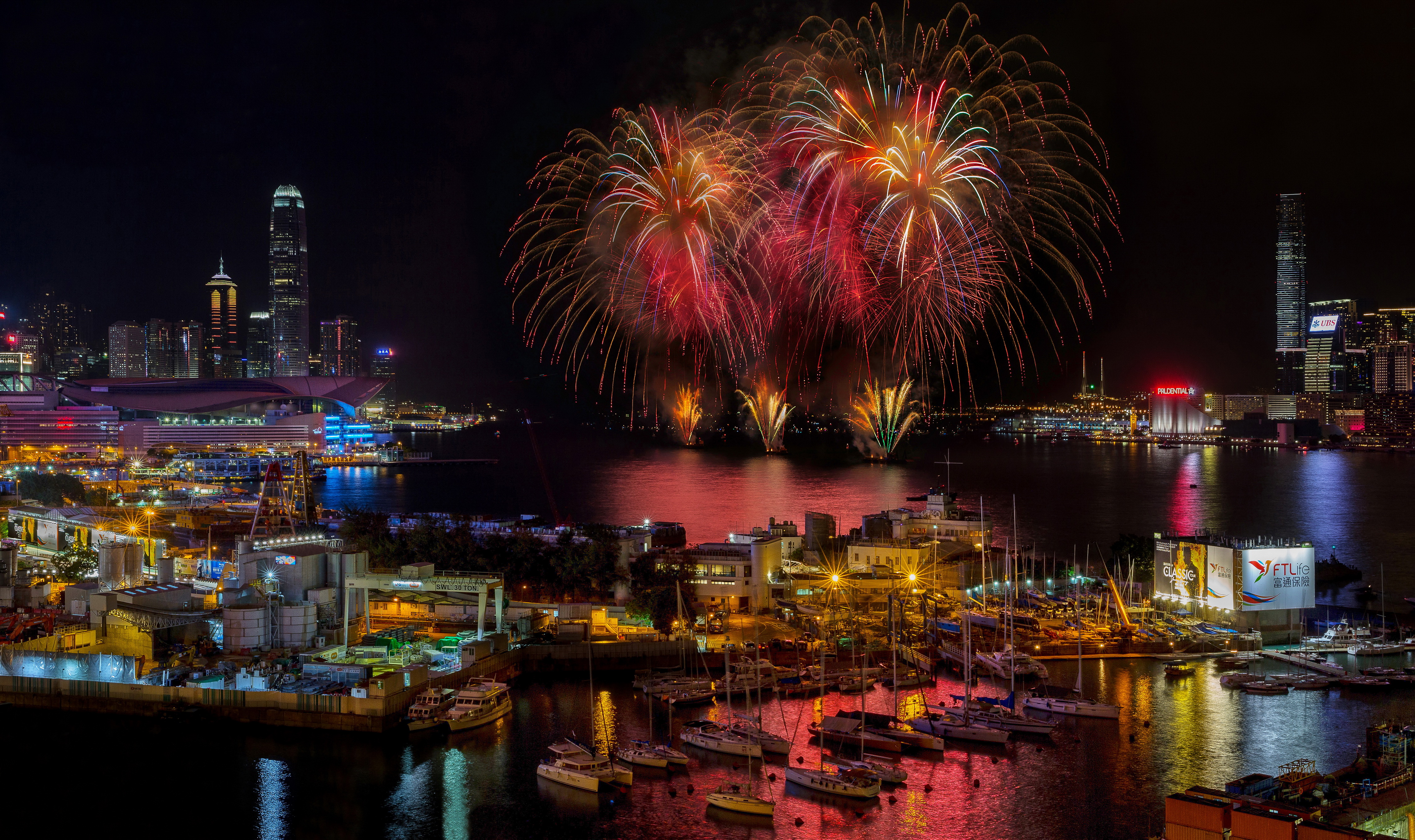 General 4500x2672 Hong Kong Victoria Harbour fireworks pier night yacht skyscraper China Asia colorful
