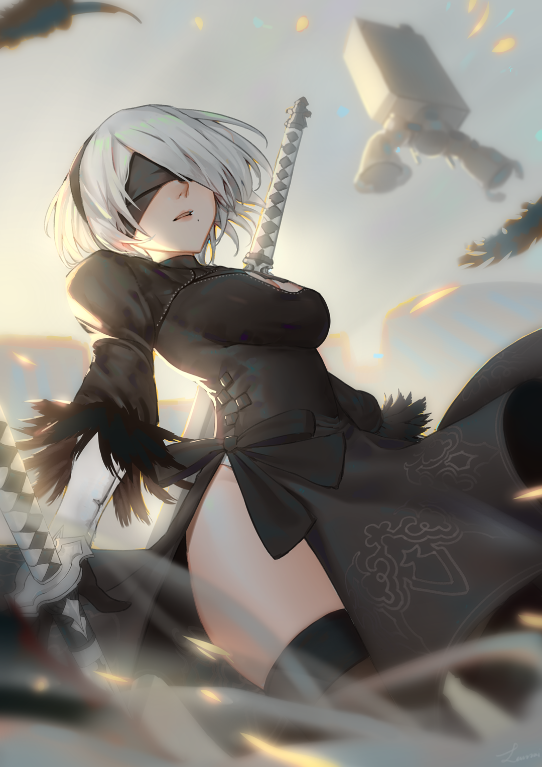 Anime 1080x1528 cleavage black dress Nier Nier: Automata 2B (Nier: Automata) sword thigh-highs blindfold