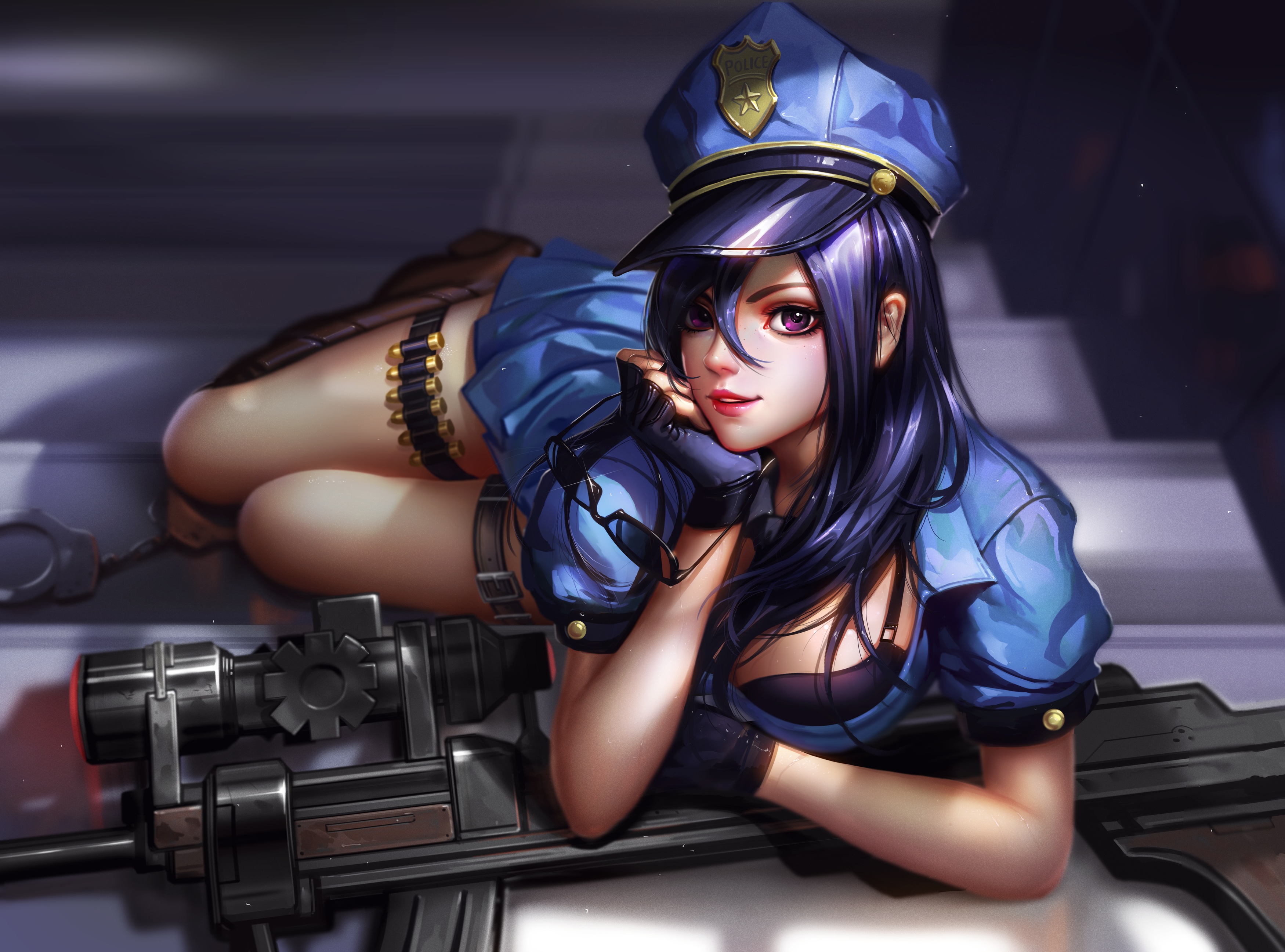 Anime 3500x2594 boobs Jason Liang dress black hair boots bra Caitlyn (League of Legends) cleavage gloves gun hat police realistic shackles stairs sunglasses underwear weapon lying down