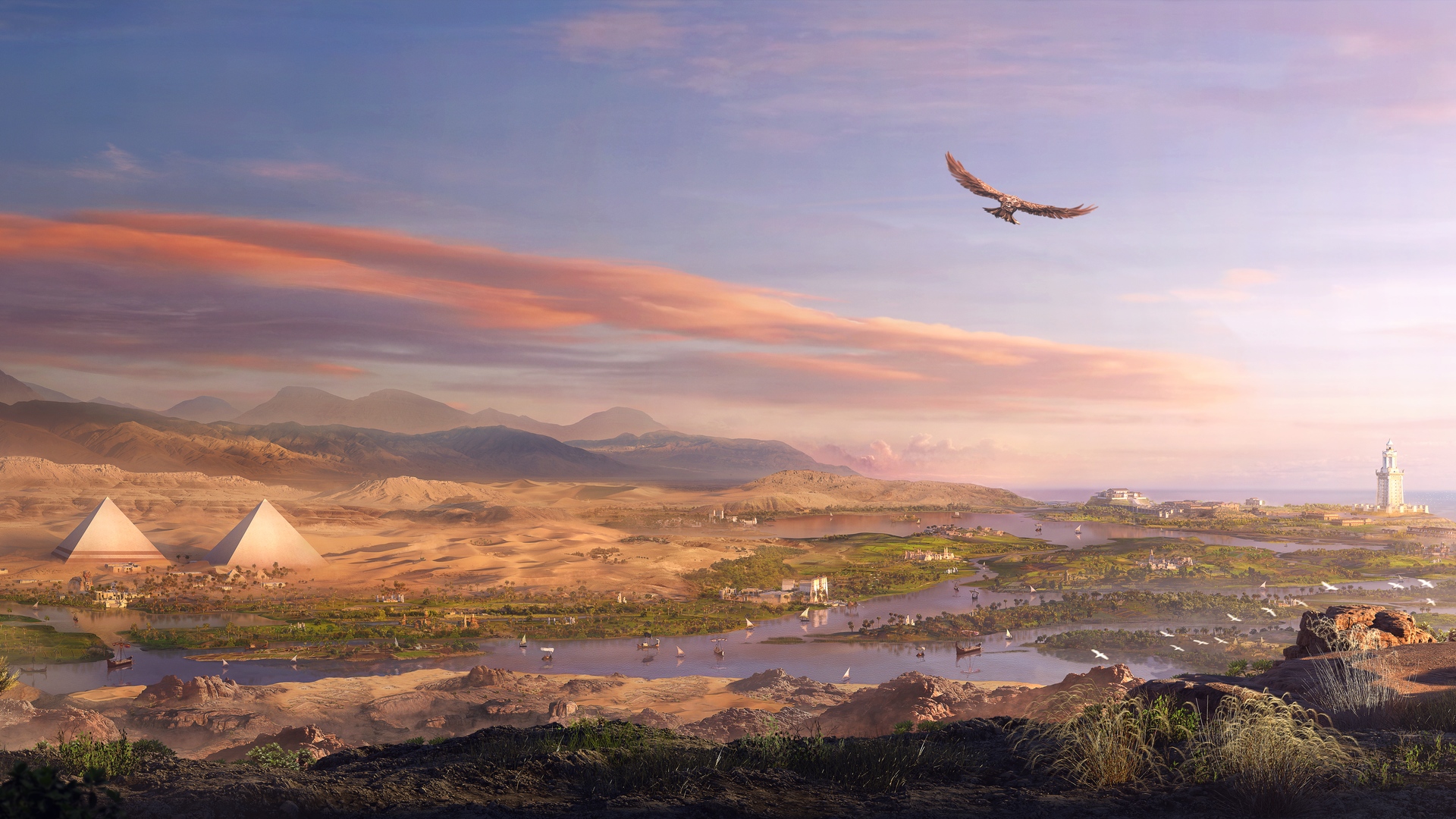 General 1920x1080 video games landscape Egypt eagle pyramid river Assassin's Creed: Origins Assassin's Creed
