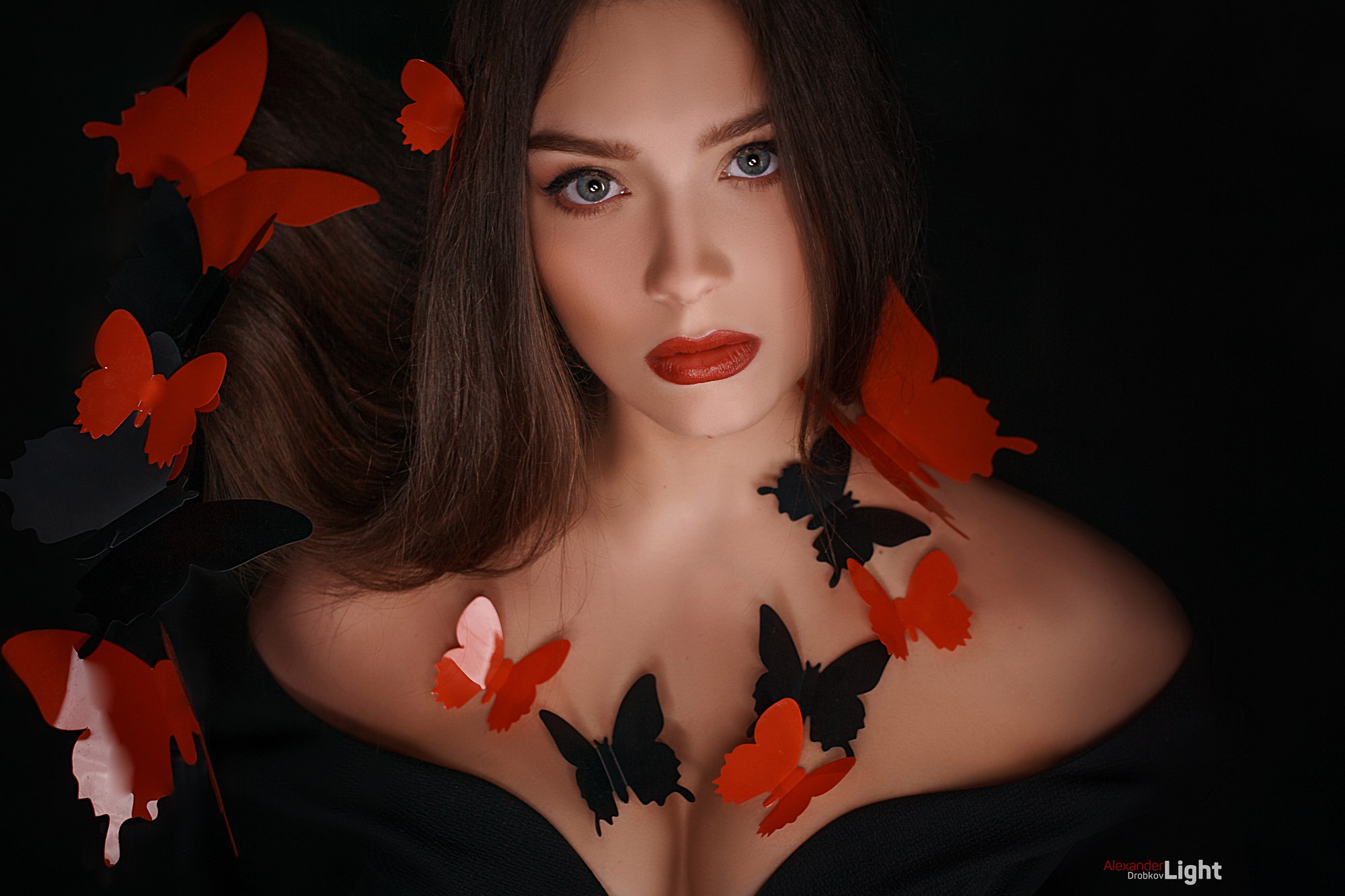 People 2000x1333 women portrait butterfly red lipstick black background Alexander Drobkov simple background gray eyes
