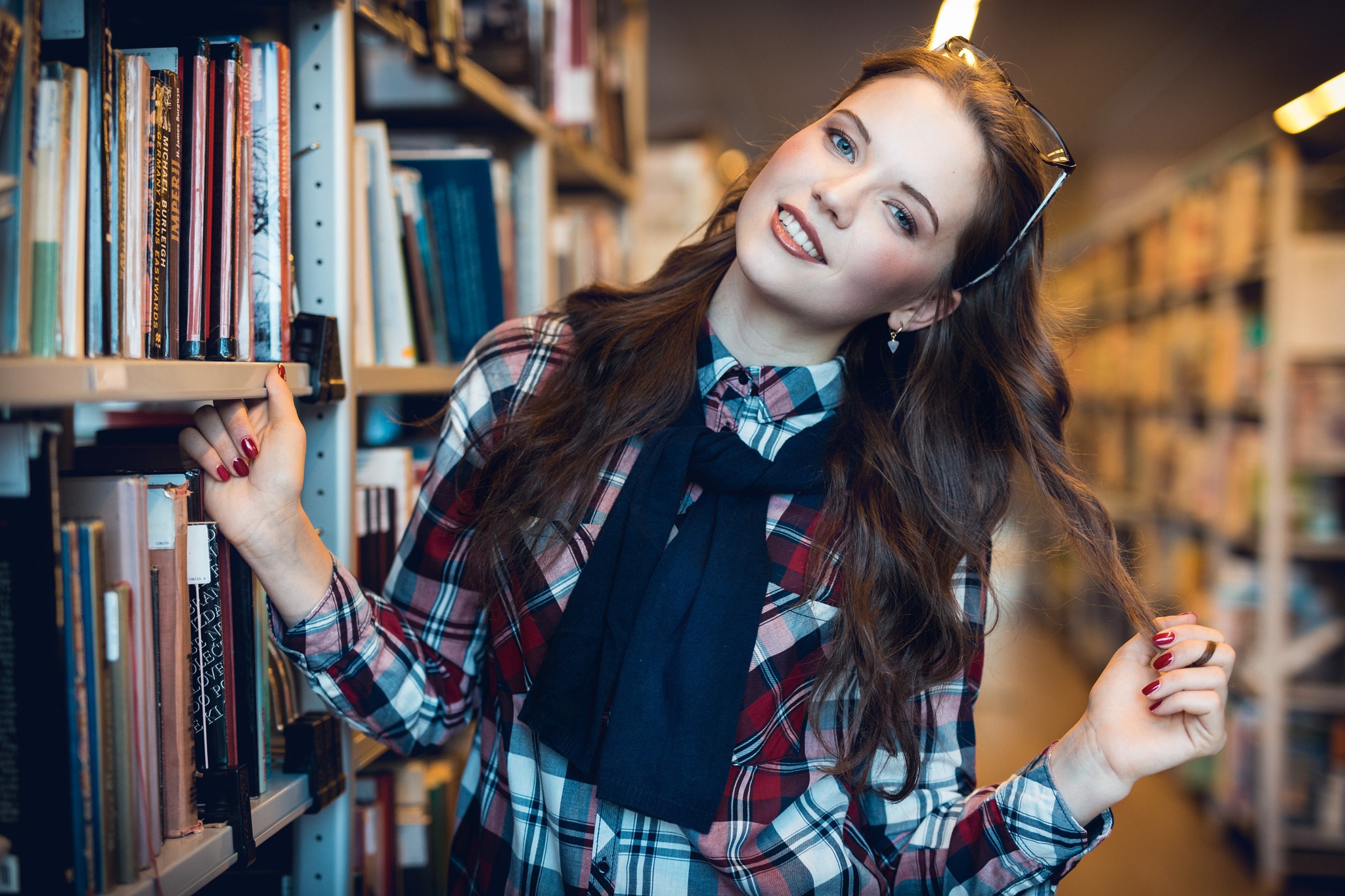 People 2048x1365 women library women with glasses glasses red nails blue eyes women indoors indoors painted nails parted lips books plaid shirt shirt plaid clothing looking at viewer